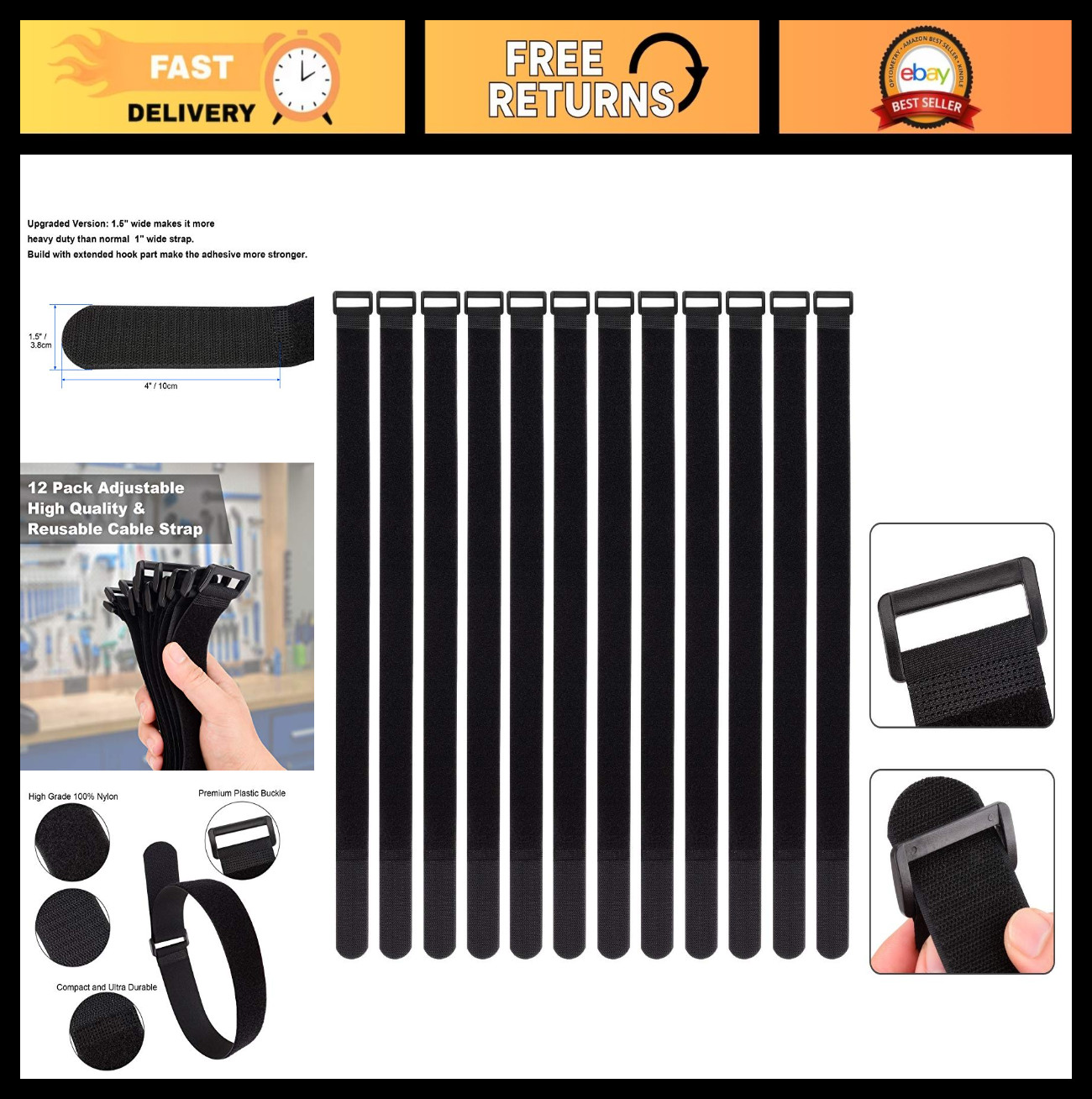 12 Pack Heavy Duty 1.5"x24" Hook and Loop Cable Ties, Adjustable Cinch Straps, R