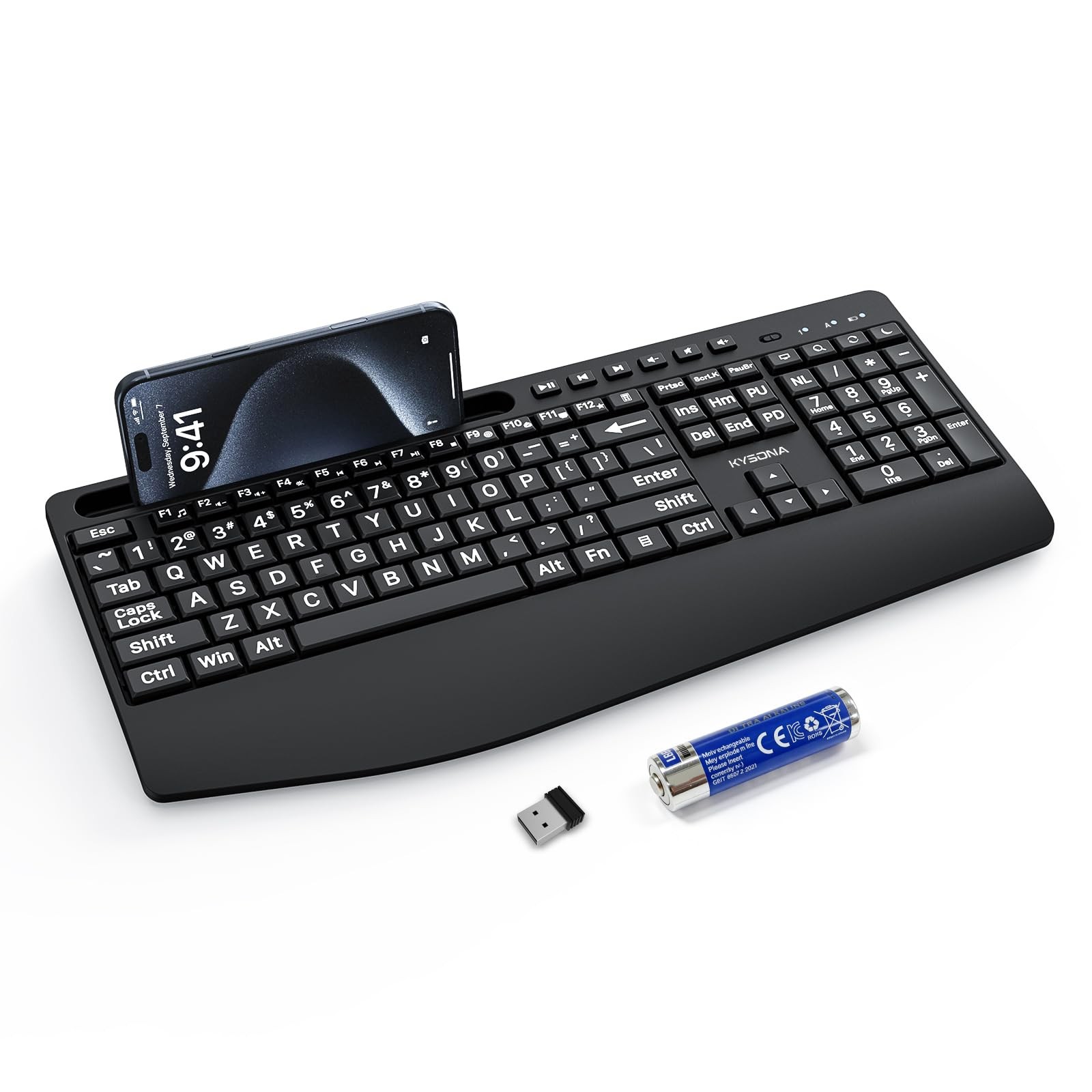 KYSONA Large Print Wireless Keyboard, Full Size Cordless Computer Keyboard wi...