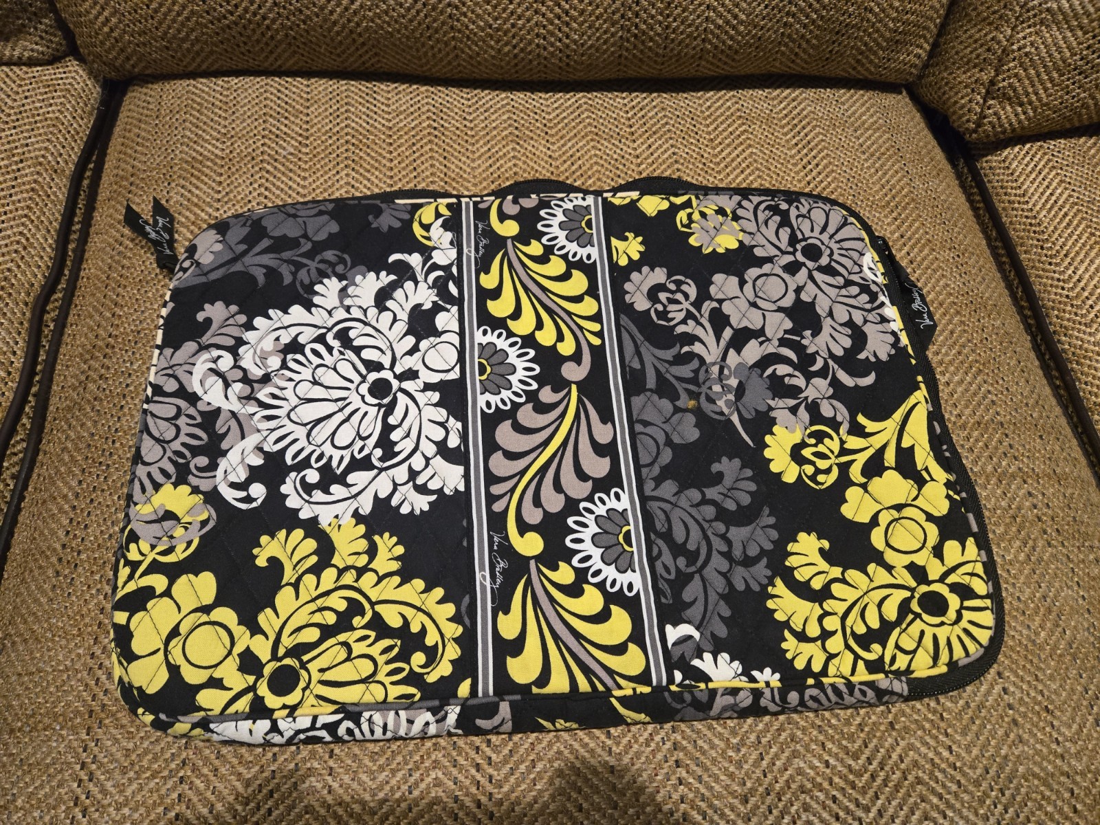 Vera Bradley Gray and Yellow Quilted Laptop Sleeve Zip Closure 11x14