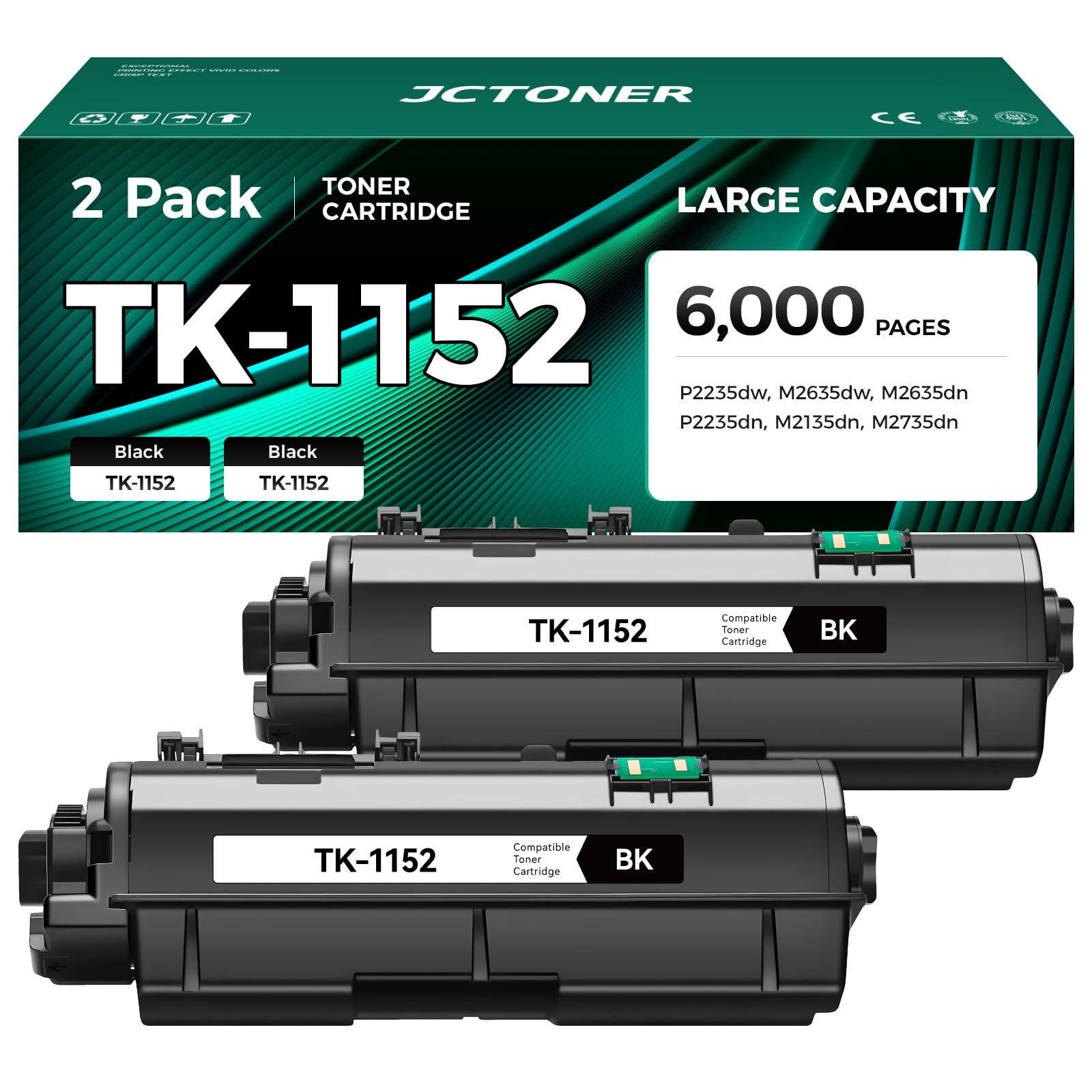 TK-1152 Black Toner Cartridge 2-Pack High Yield Replacement for Kyocera TK1152