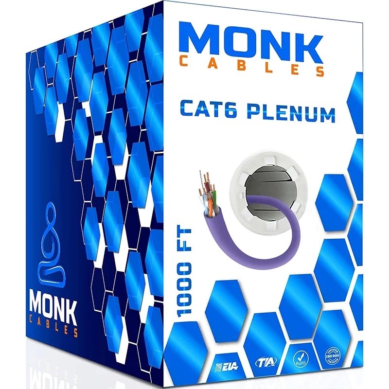 MONK CAT6 Plenum Cable 1000FT UTP  23AWG 550MHz DSX-8000 Certified RoHS Purple