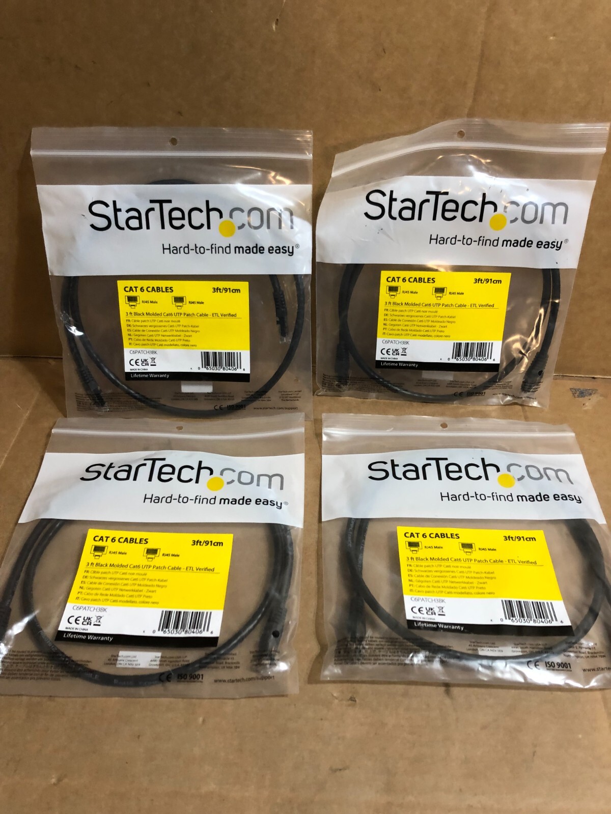 4x StarTech C6PATCH3BK 3ft Cat6 Black Molded RJ45 UTP Gigabit Patch Cable
