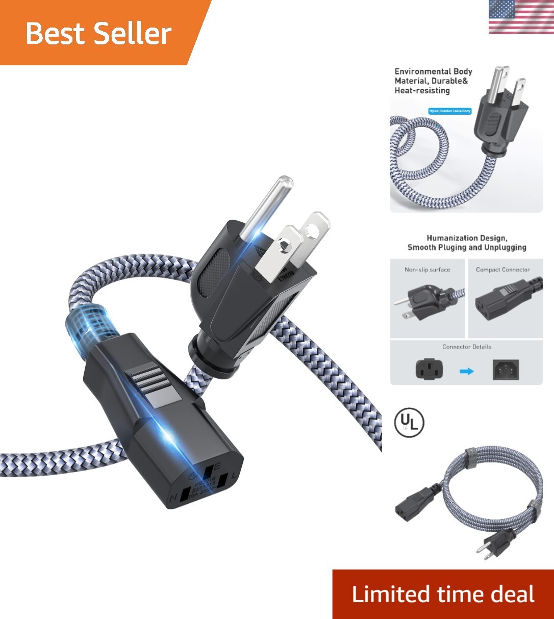 Nylon Braided 25FT 3-Prong Power Cable with  Certification for PCs & TVs