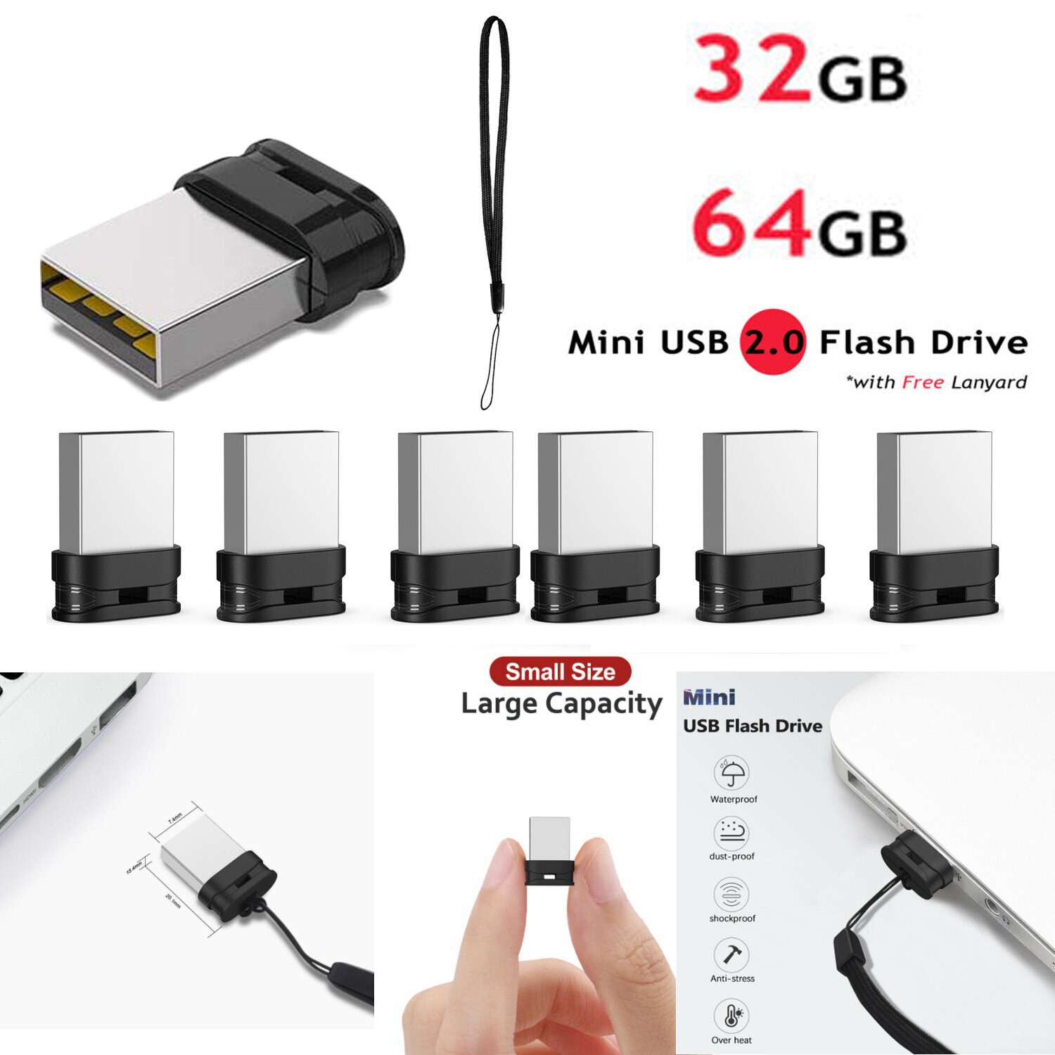 32GB 64GB Mini USB 2.0 Flash Drive Memory Stick Thumb Pen Drive File Storage Lot