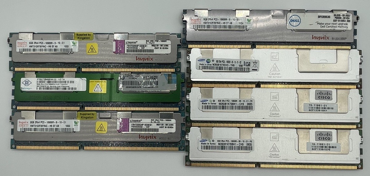 LOT OF 7 MIX HYNIX, NANYA, SAMSUNG, 8GB 2RX4 PC3-10600R DDR3 Server Memory