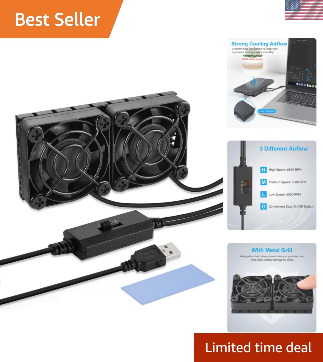 Computer Fan USB 40mm Dual Row 2 in 1 USB PC Fans with 3 Adjustable Speeds 65...