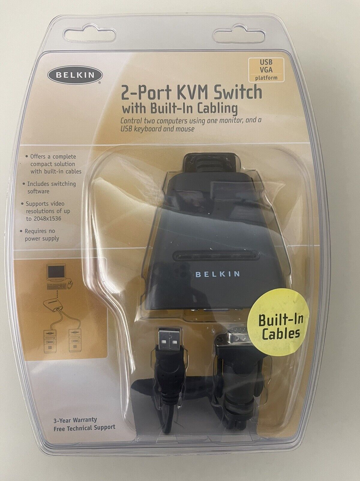 Belkin KVM 2 Port Switch With Built In Cabling MPN: FDK102U New 2003 VTG USB VGA