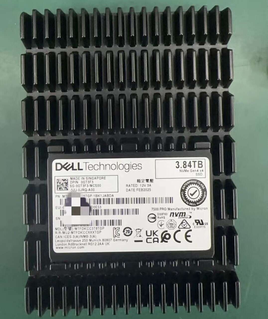 MICRON 3.84TB SSD U.2 7500 PRO DELL NVMe Gen4 x4 MTFDKCC3T8TGP DP/N 0GT3F3