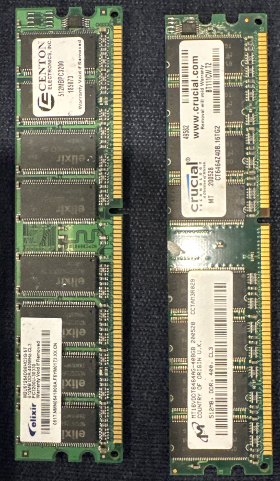 (2) - 512MB DDR1 PC3200 DDR-400 184-Pin Desktop RAM-Centon & Crucial-CL3 Non-ECC