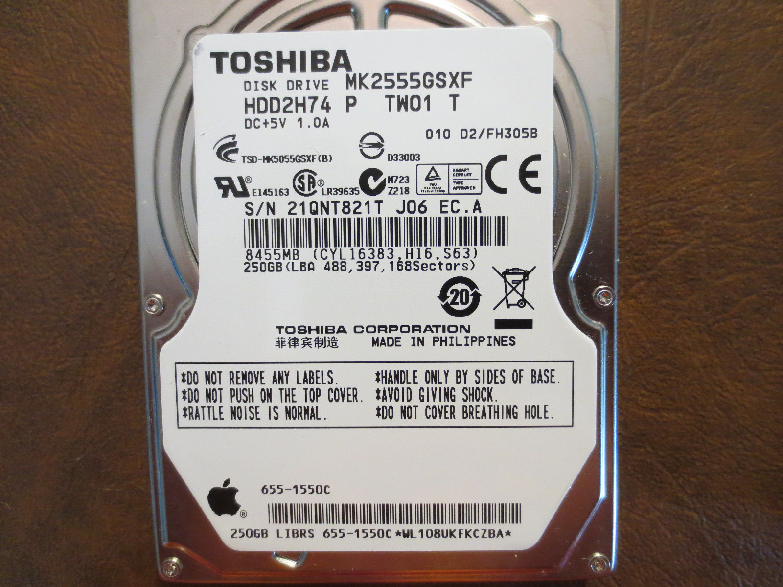 Toshiba MK2555GSXF (HDD2H74 P TW01 T) 010 D2/FH305B Apple#655-1550C 250gb Sata 