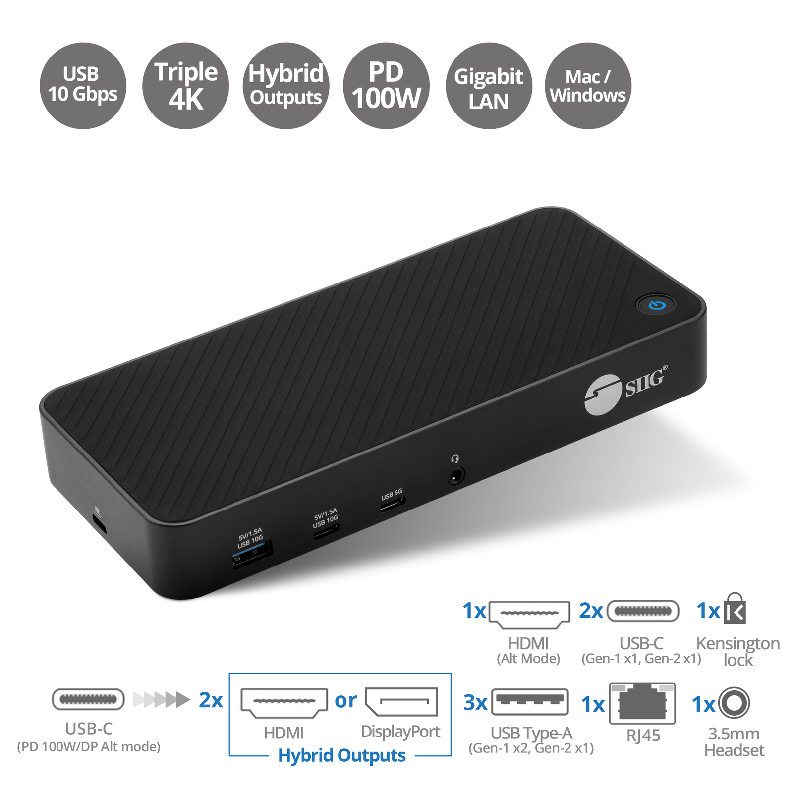 SIIG Triple Hybrid 4K Video Docking Station with PD Charging (JU-DK0P11-S1)