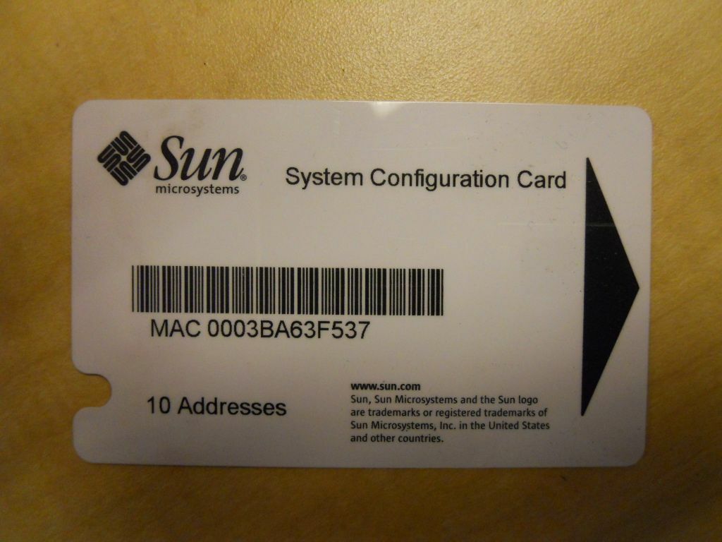 Sun 370-5155 System Configuration Card