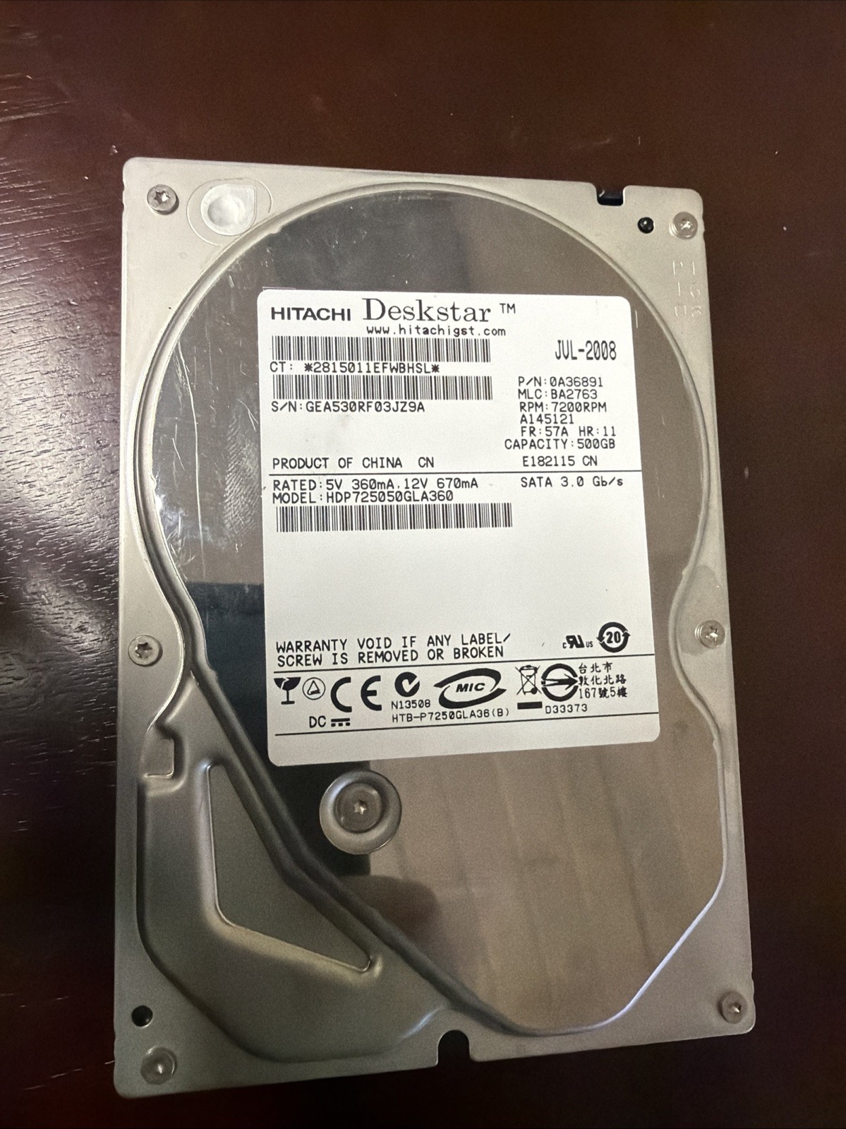 Hitachi Deskstar 500GB 3.5" SATA 3.0Gb/s HDD HDP725050GLA360 Tested & Good To Go