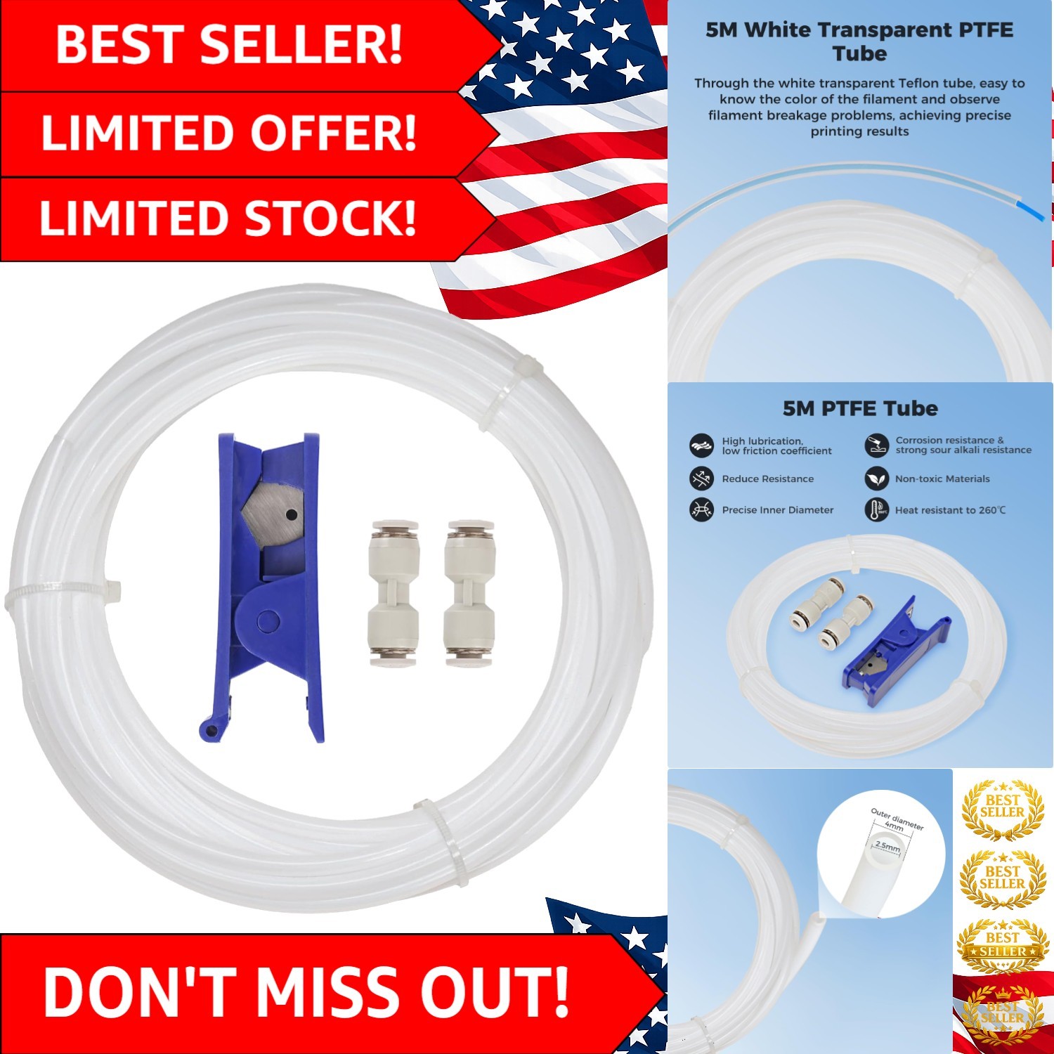 Durable 5M PTFE Tubing 2.5mm ID Compatible with Bambu Lab & Creality Printers