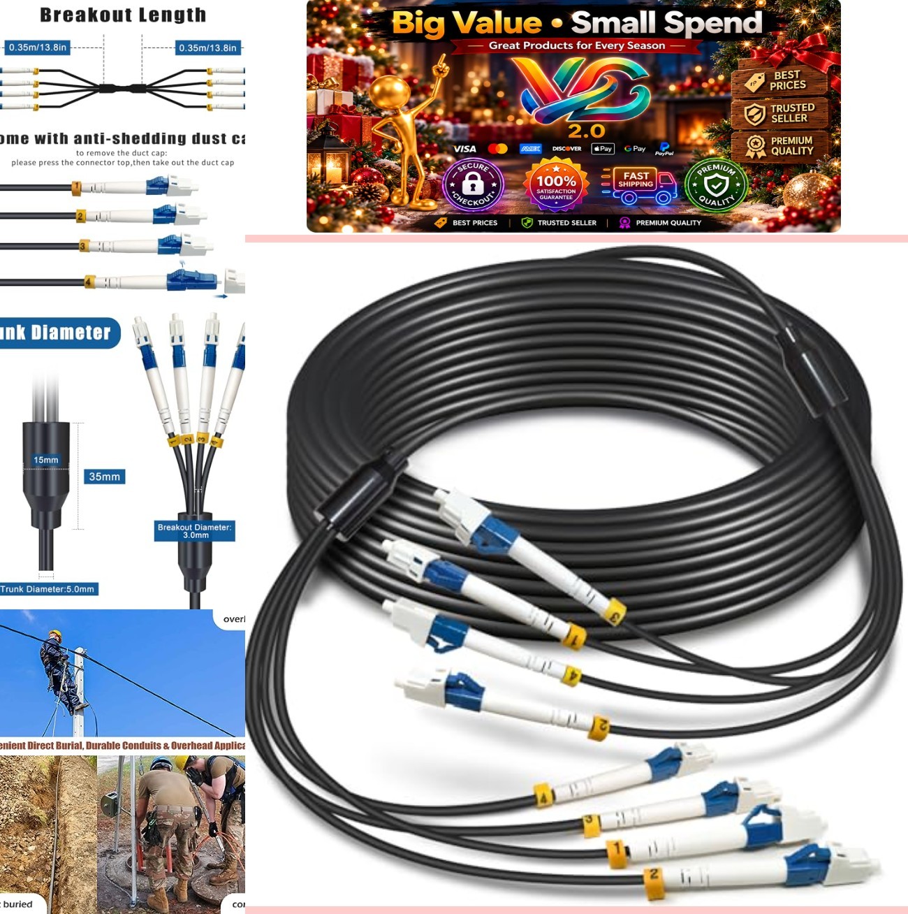 30m 4 Core Single Mode LC to LC Armored TPU Fiber Optic Patch Cable Outdoor