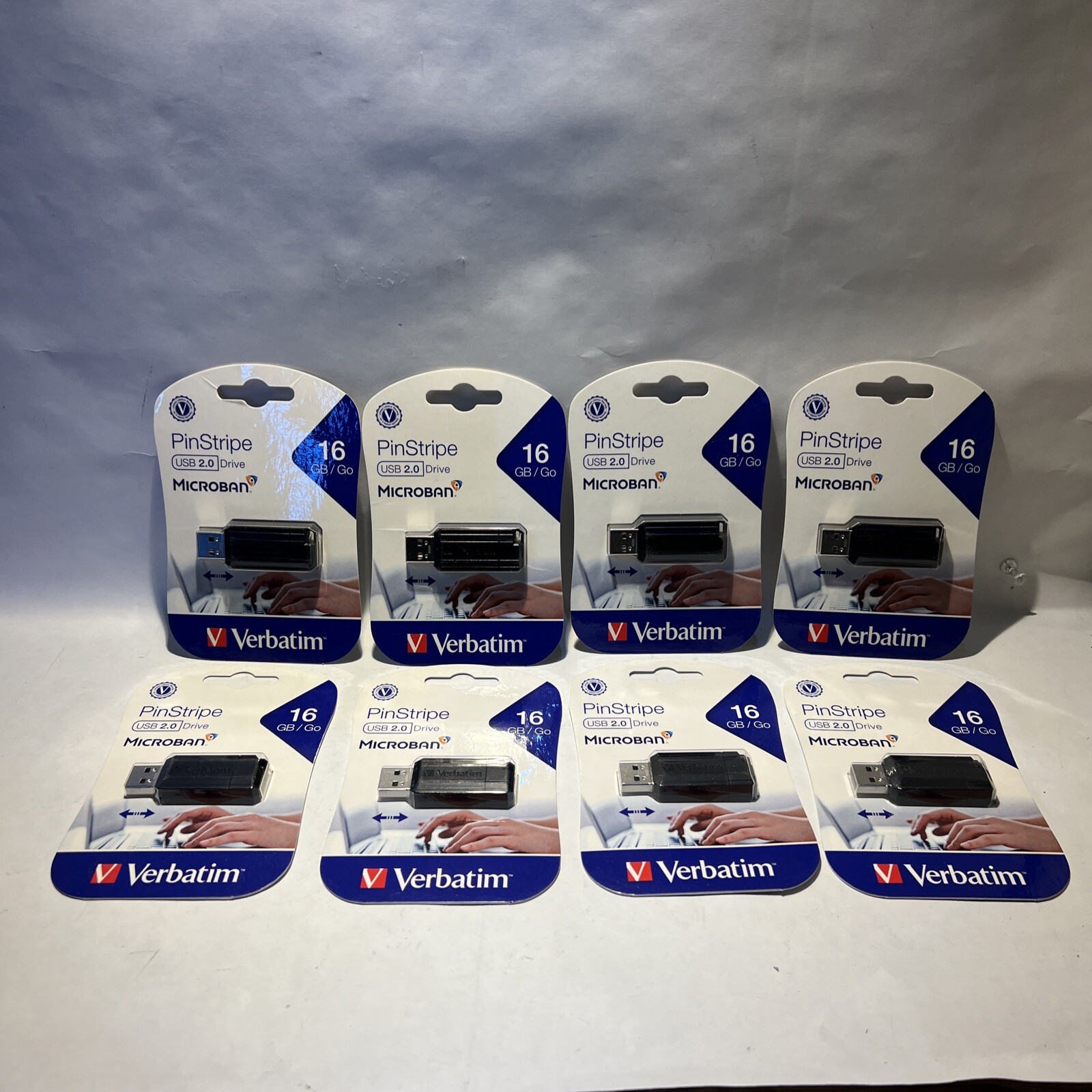 QTY: 8 Verbatim 16 GB PinStripe USB Flash Drive Black Push & Pull Data