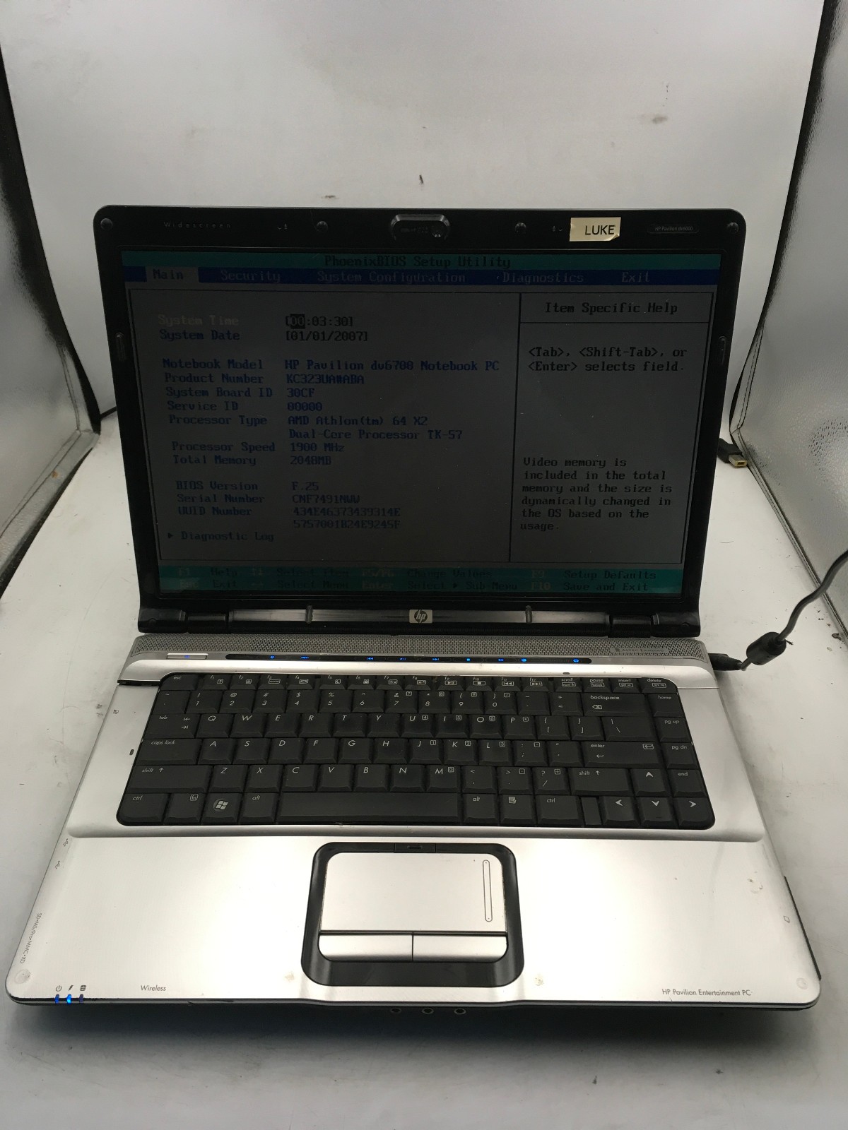 HP PAVILION DV6700 DV5707US - BOOTS TO BIOS - AMD ATHLON X2 - 2GB RAM - READ -BB