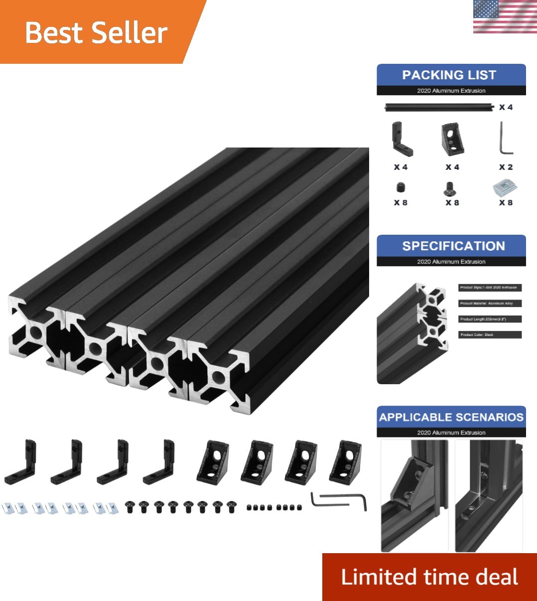 4 Pack 2020 T-Slot Aluminum 250mm Black with Corner Bracket Kit for 3D Printing