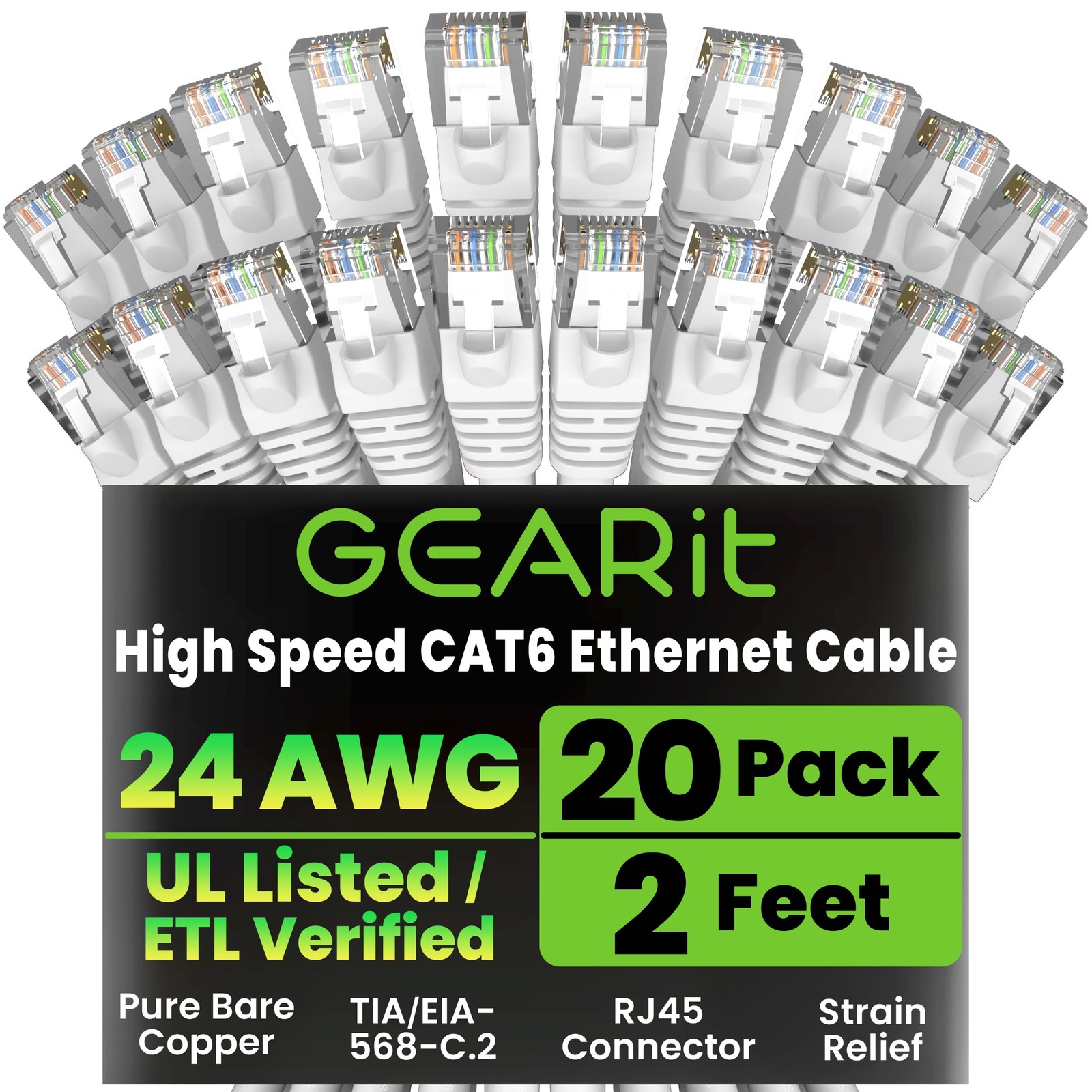 GEARit Cat6 Patch Cables White 2ft Cat 6 Ethernet Cable 20-Pack