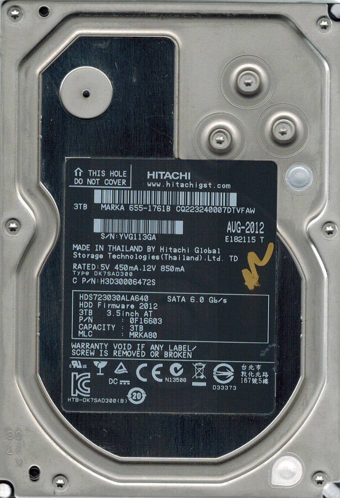 Hitachi HDS723030ALA640 P/N: 0F16603 MLC: MRKA80 3TB MAC 655-1761B