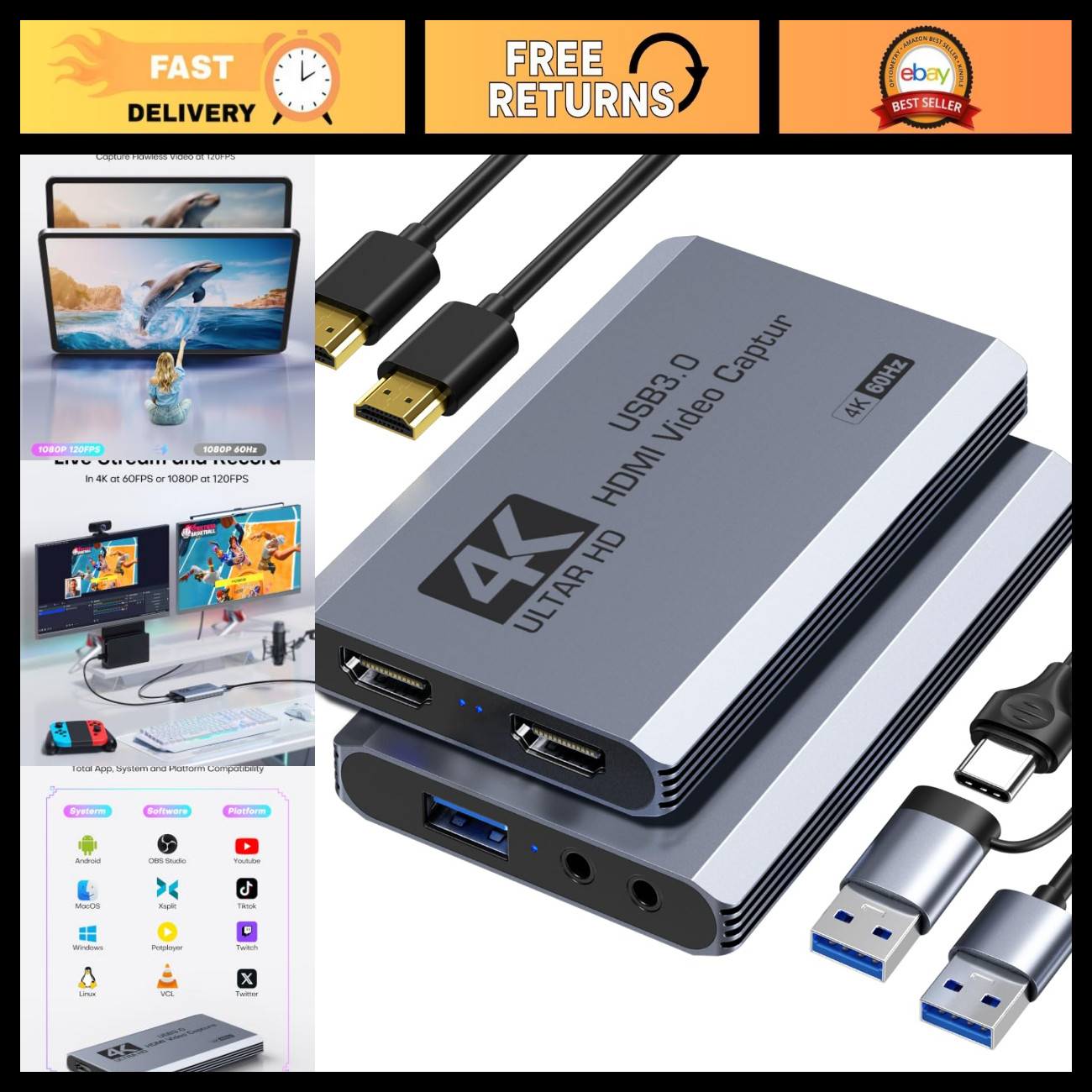 4K60FPS USB 3.0 HDMI Capture Card with Pass-Through for Streaming & Recording