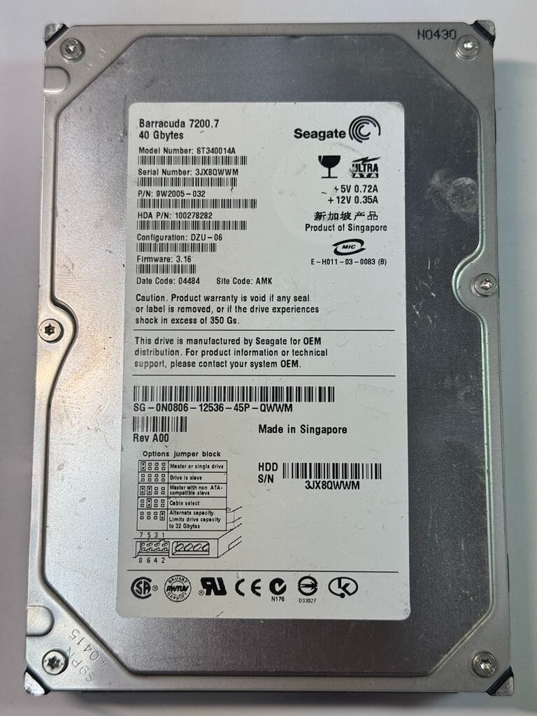 Seagate 9W2005-032 ST340014A 40GB 7.2K RPM FW 3.16 DC 04484 ATA-100 3.5" HDD