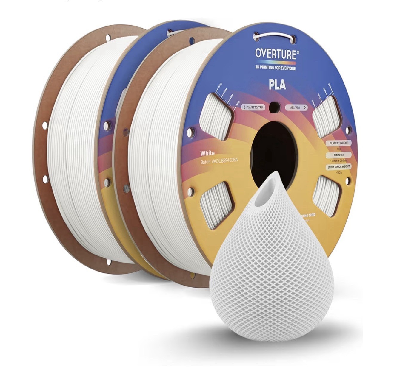 OVERTURE PLA 1.75mm 3D Printer Filament 2kg White 2-Pack FDM Compatible