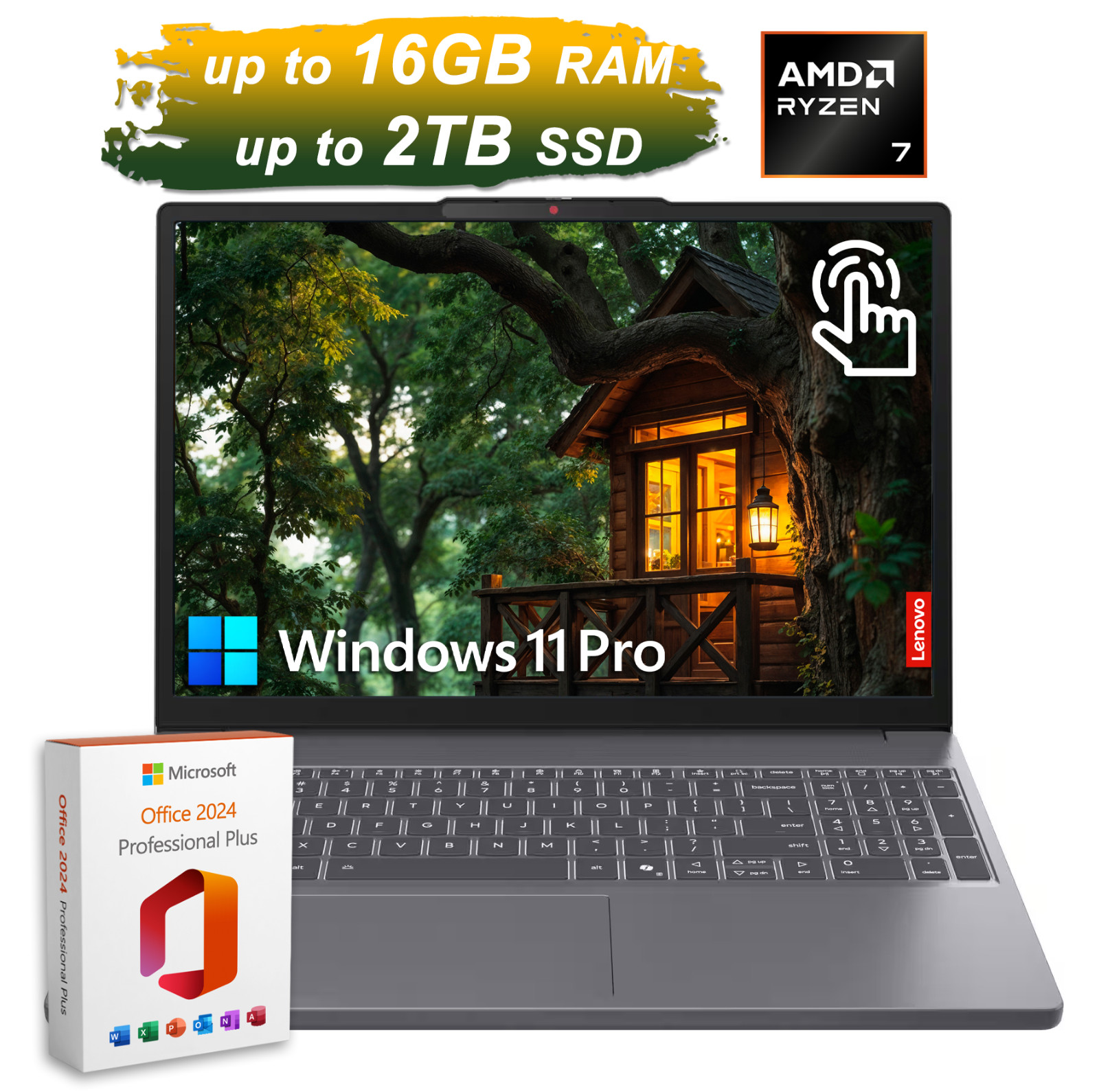 2026 Lenovo Slim 3 Laptop 15 Office 2024 Ryzen 7 Touch, Up to 16GB RAM & 2TB SSD