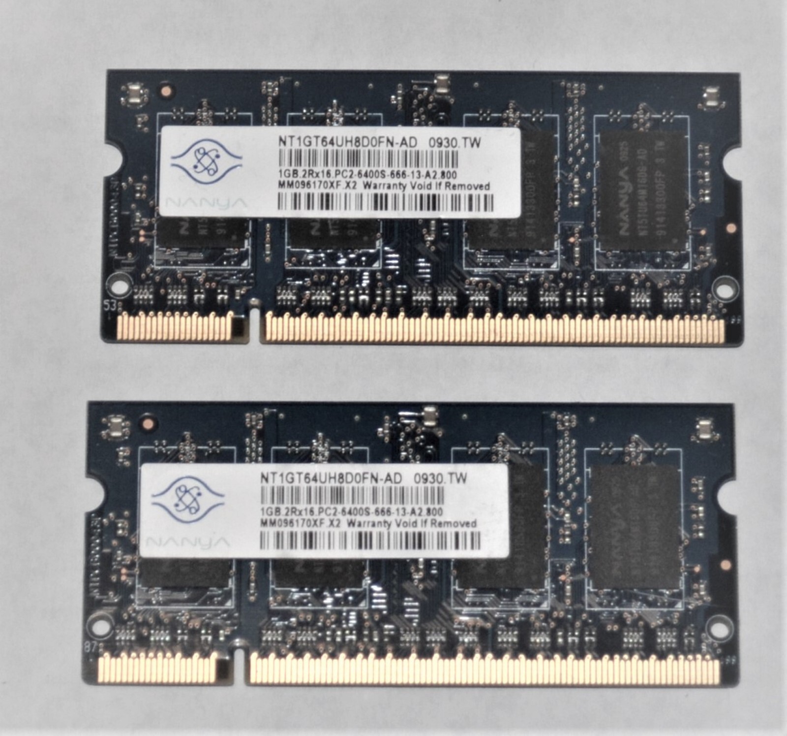 LAPTOP MEMORY 1GB NANYA 2Rx16 PC-2 6400S  MATCHING PAIR GOOD SCHOOL SURPLUS