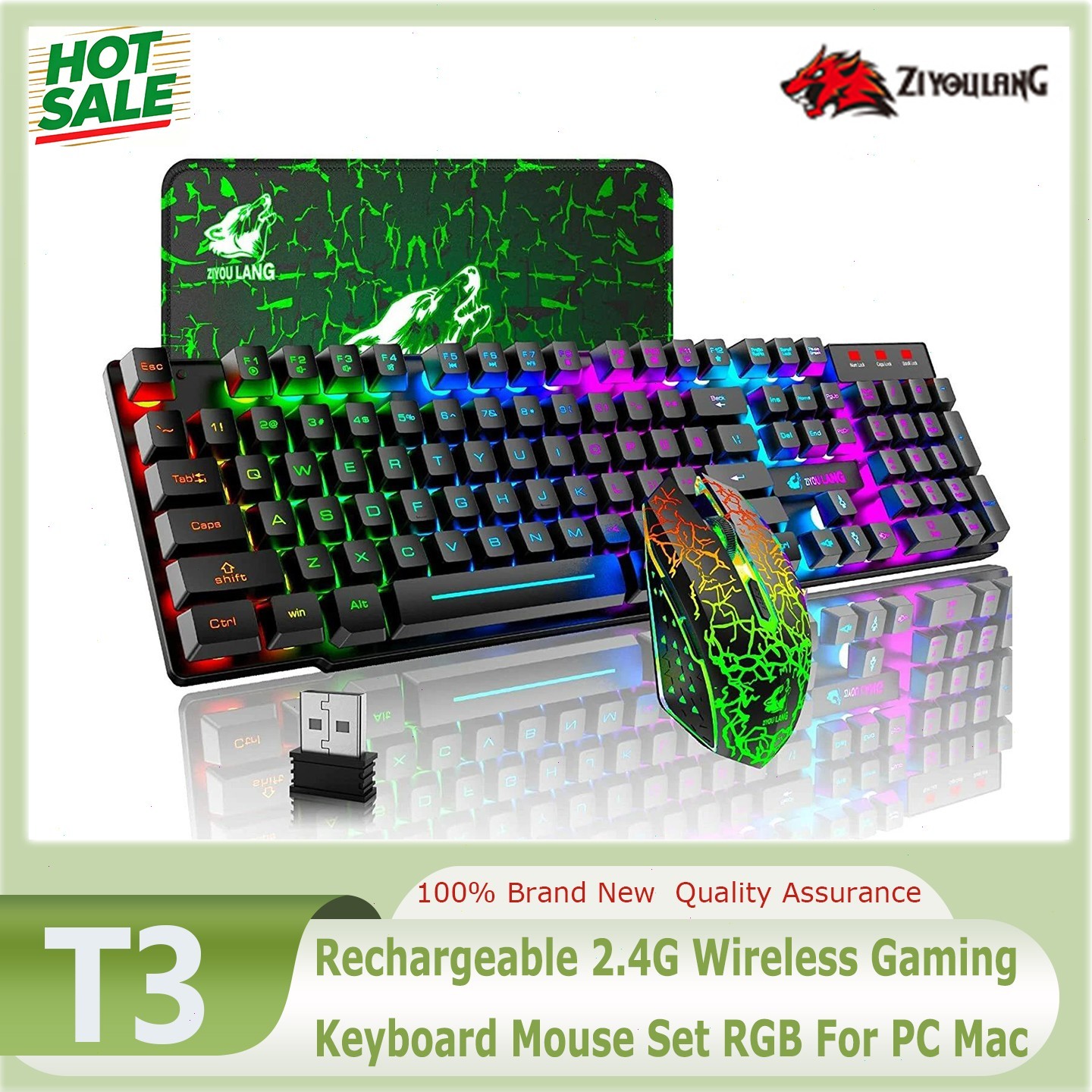 ZIYOULANG T3 Rechargeable 2.4G Wireless Gaming Keyboard Mouse Set RGB For PC Mac