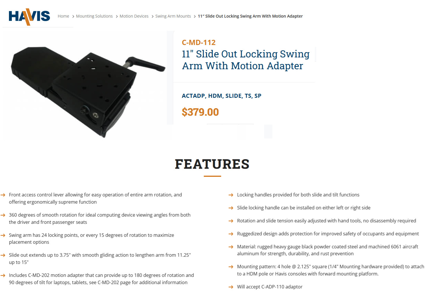 Havis C-MD-112 11″ Slide Out Locking Swing Arm w/ Motion Adapter & Hardware Kit