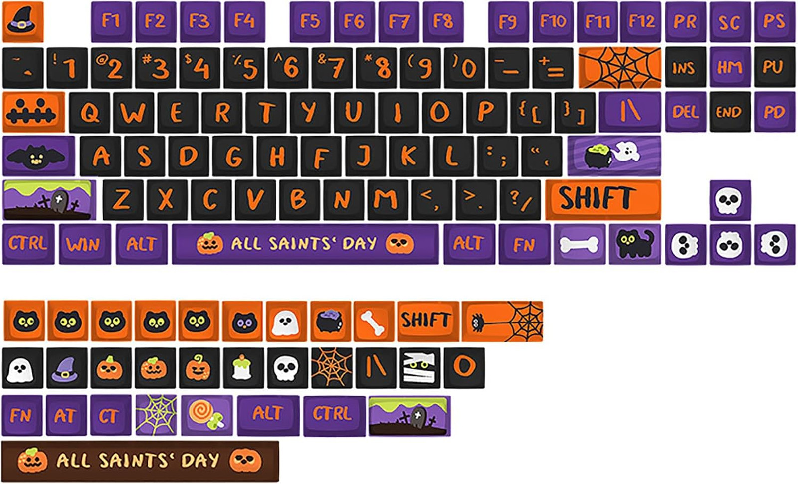 Halloween Black Cat Keycaps, XDA Profile PBT Dye Sublimation, 135 Keys, Pumpkin