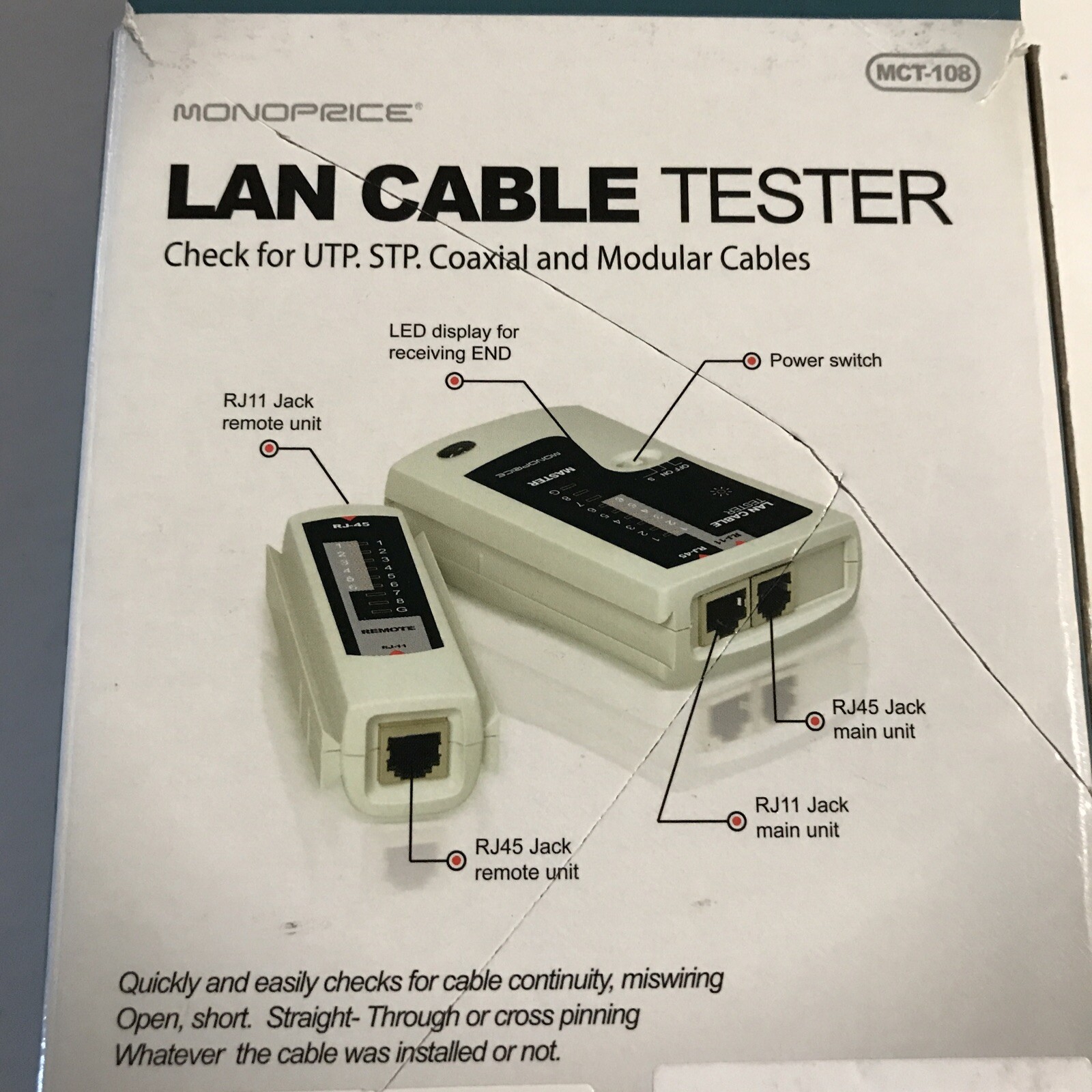 Monoprice RJ-11 and RJ-45 Modular Plug Tester MCT-108 8138, 108138 