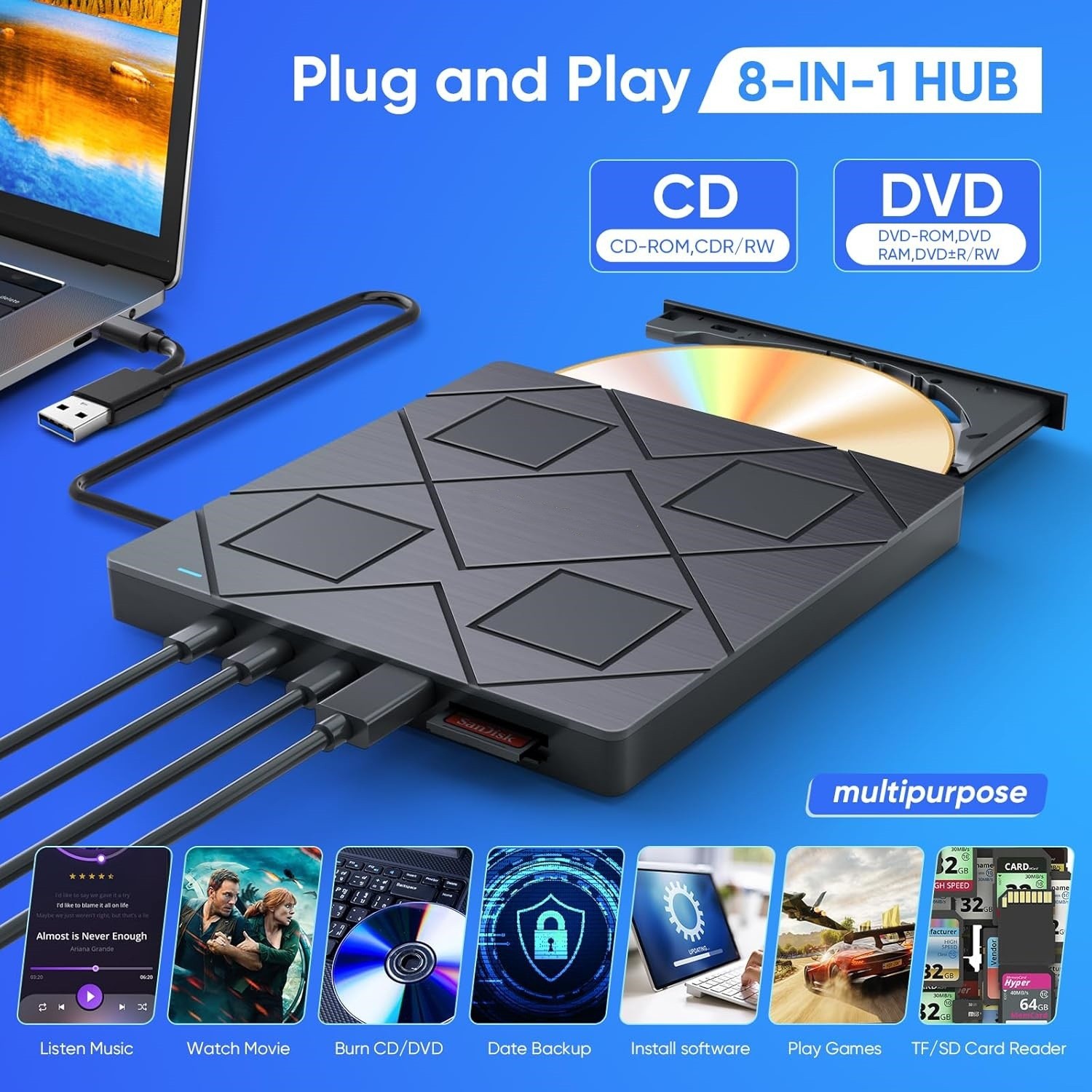 Computer external recorder 5-in-1 multi-function insert card CD-ROM drive read