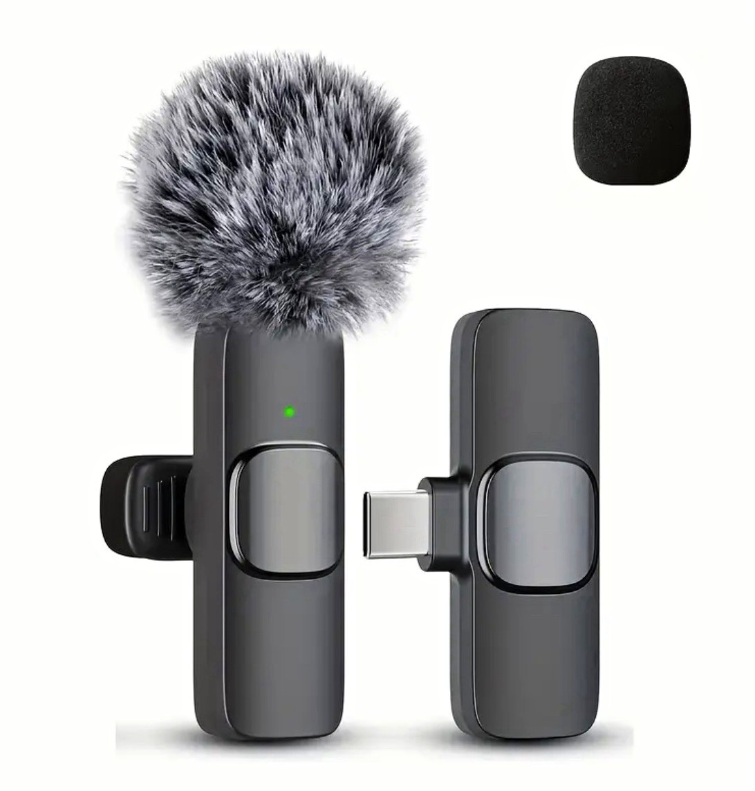 Kouzone USB-C Clip-On Wireless Mini Microphone, Black, Furry & Foam Windshields