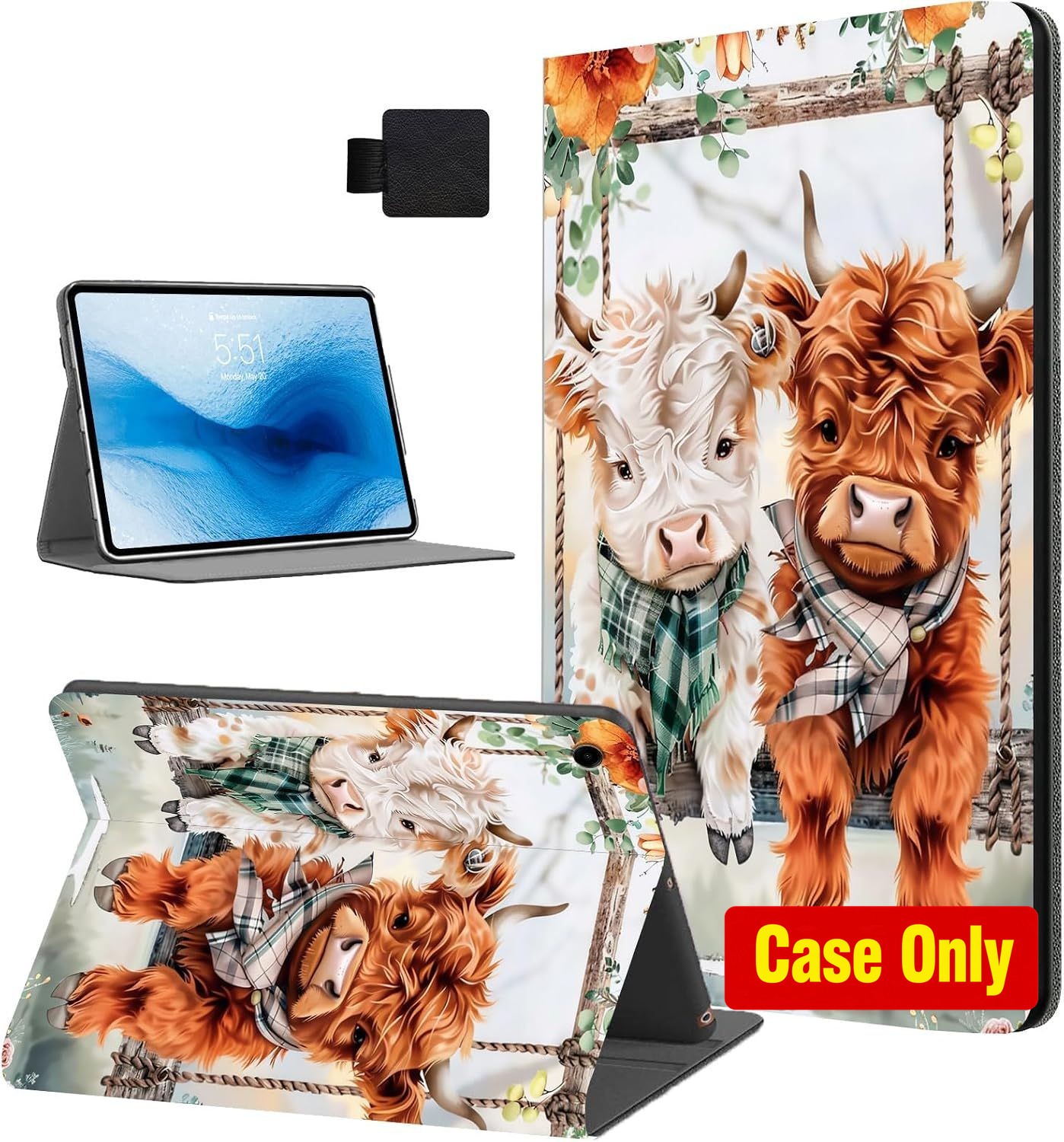 Case for Samsung Galaxy Tab A9, Auto Sleep/Wake, Cute Highland Cow Design