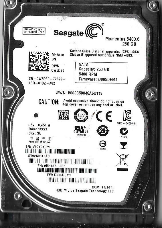 Seagate ST9250315AS 250GB Sata Hard Drive P/N: 9HH132-036  6VC  SU F/W: D005DEM1