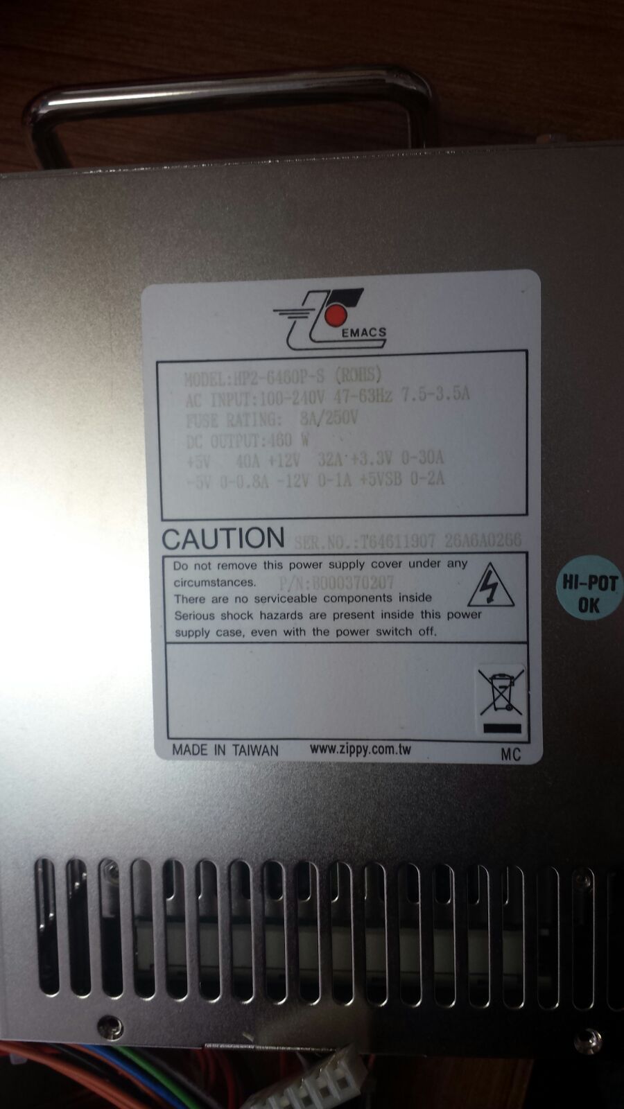 EMACS ZIPPY HP2-6460P-S  B000370207 POWER SUPPLY 460W 1 FAN 