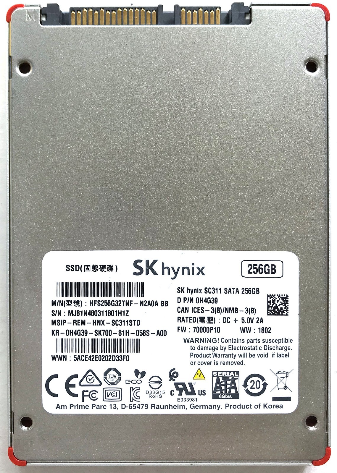 SK Hynix  SC311 7mm 256GB 2.5” SATA SSD HFS256G32TNF-N2A0A BB D P/N: 0H4G39