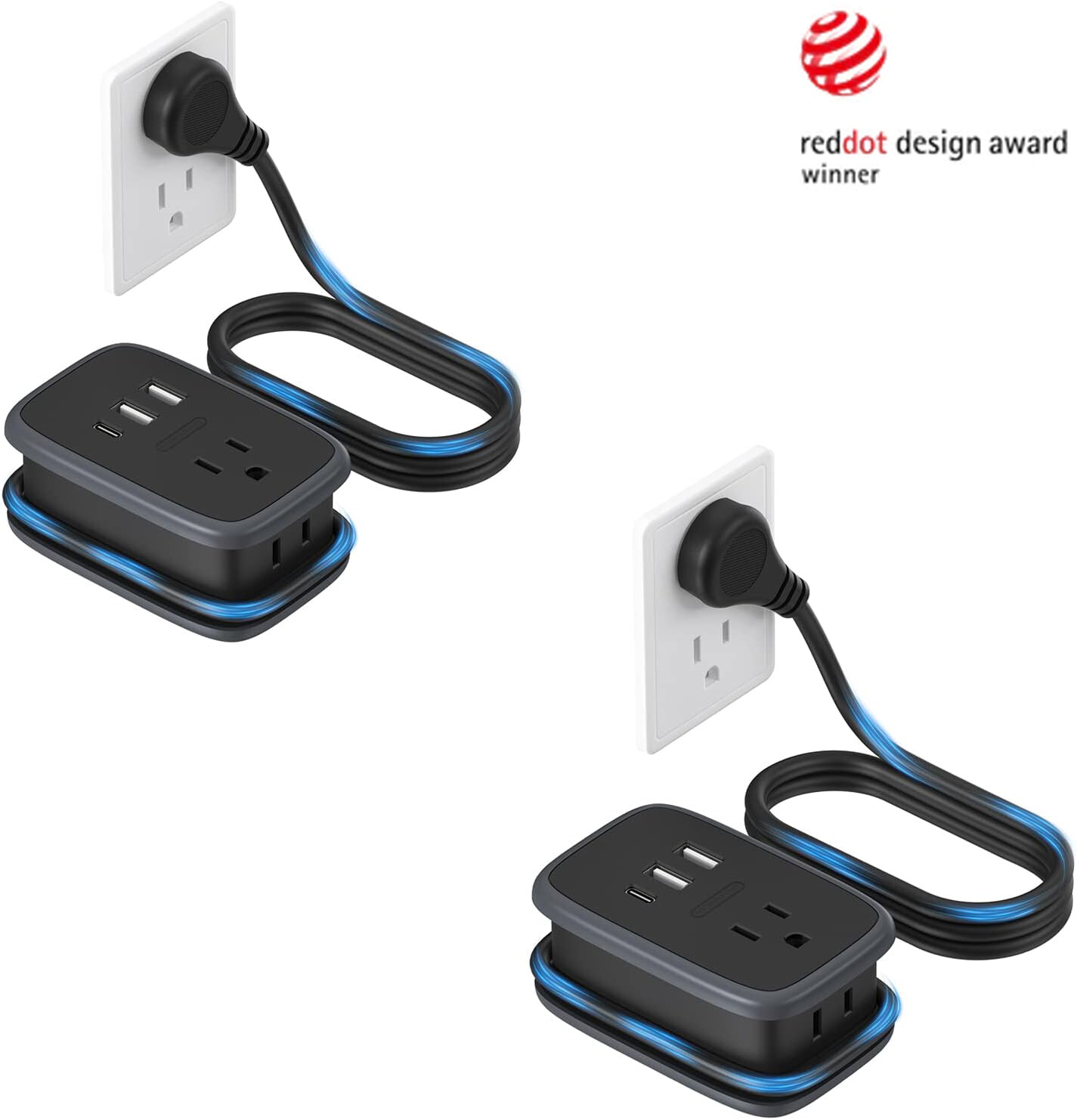 NTONPOWER 2 Pack Travel Power Strip 2 Outlets 2 USB A 1 USB C 3ft extension cord