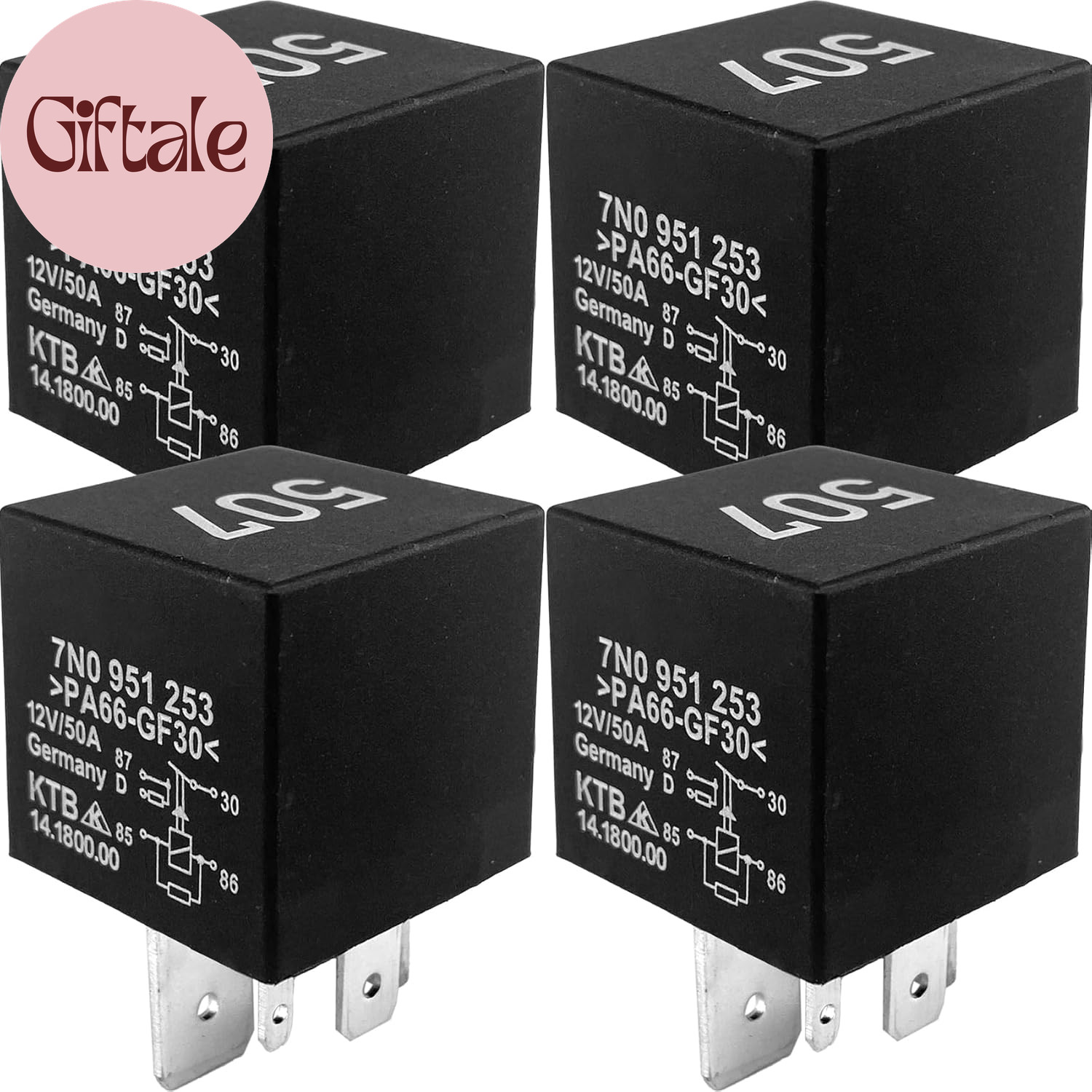 4-Pack 507 7N0951253 Automotive Relay, 12V 50A 5-Pin, Compatible with Volkswagen