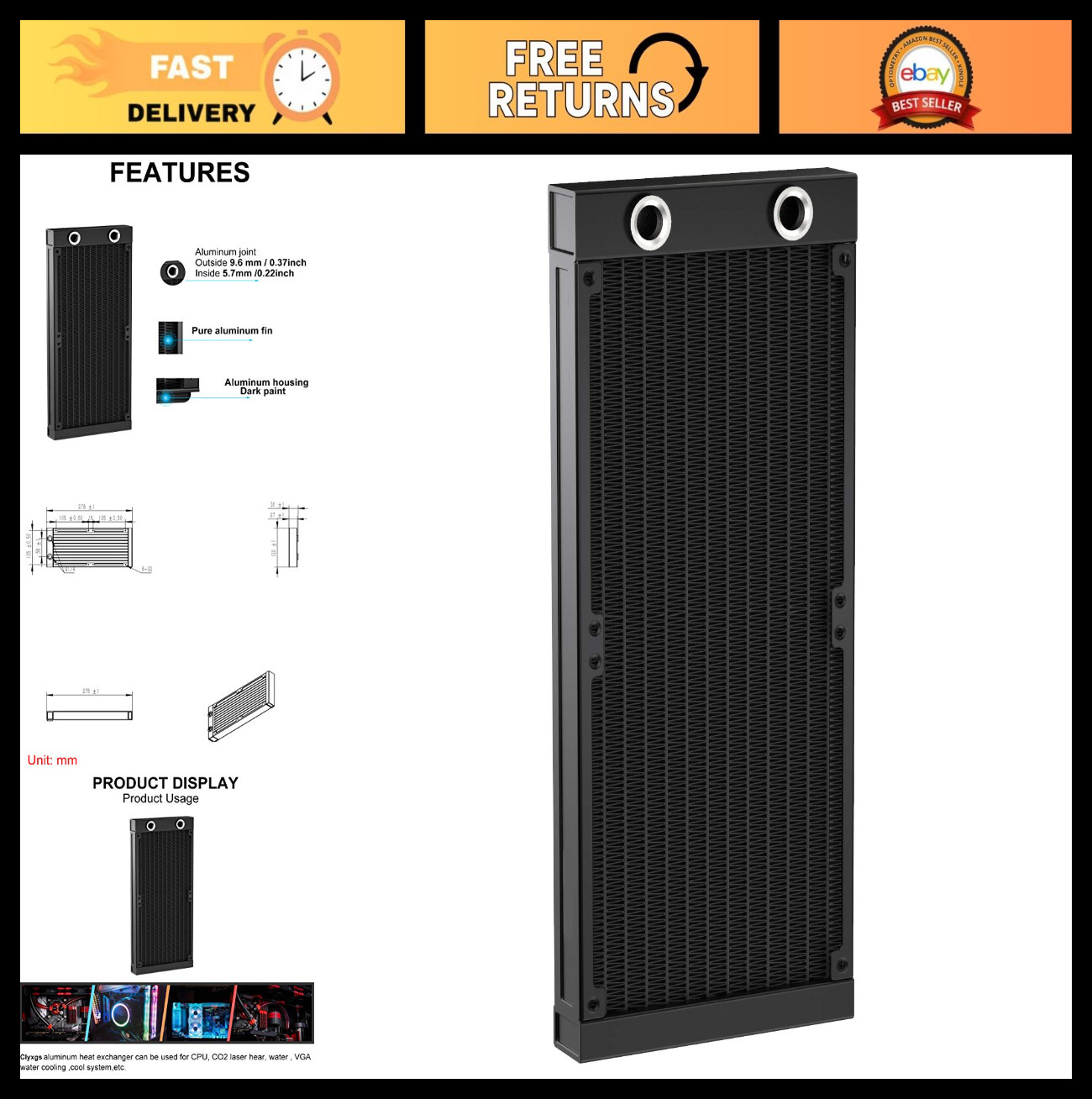 240mm Water Cooling Radiator for PC CPU - 12 Pipe G1/4 Heat Exchanger, Aluminum