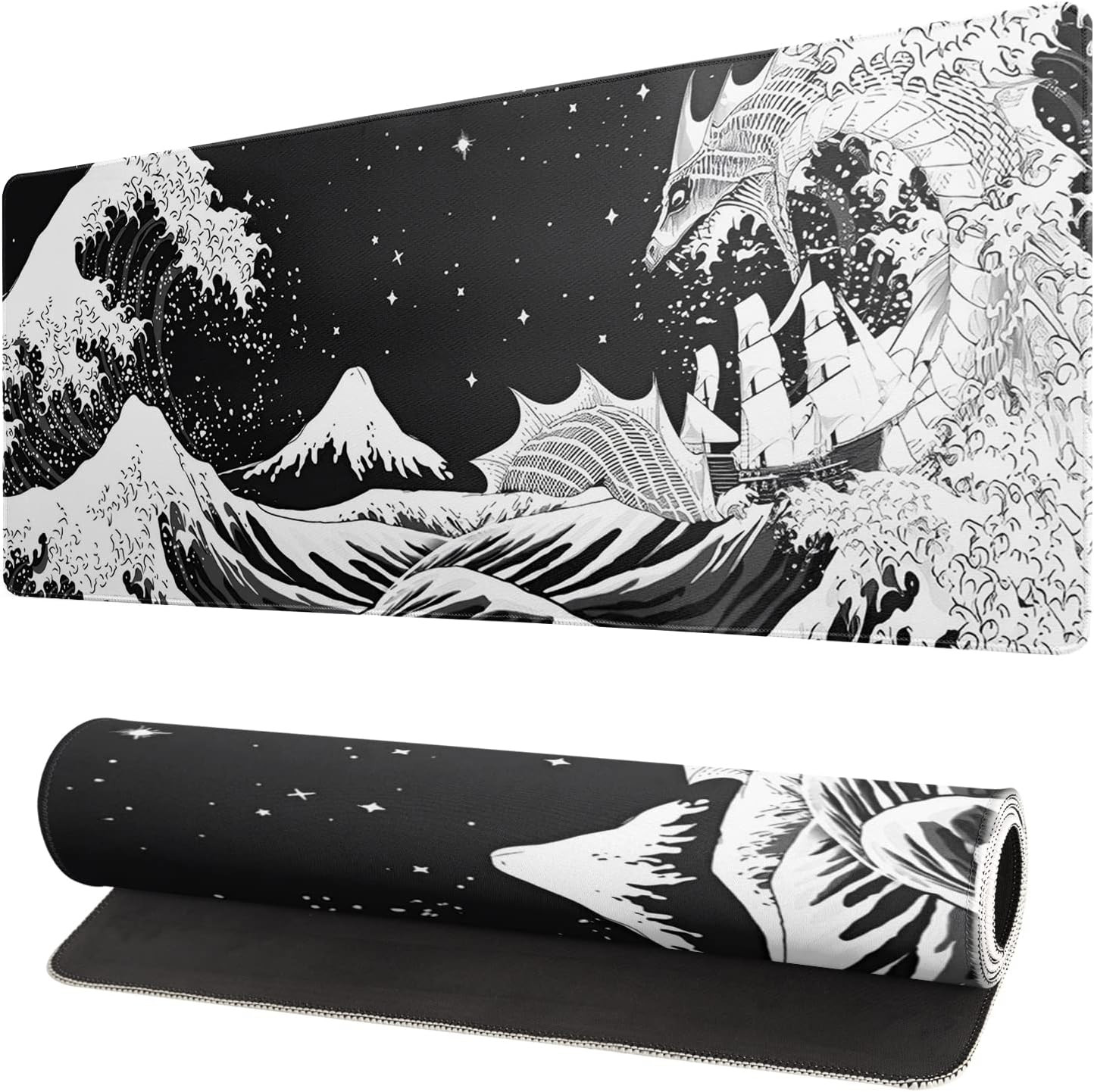 Black and White Japanese Wave Dragon Gaming Mouse Pad - Abstract Mat with Non-Sl