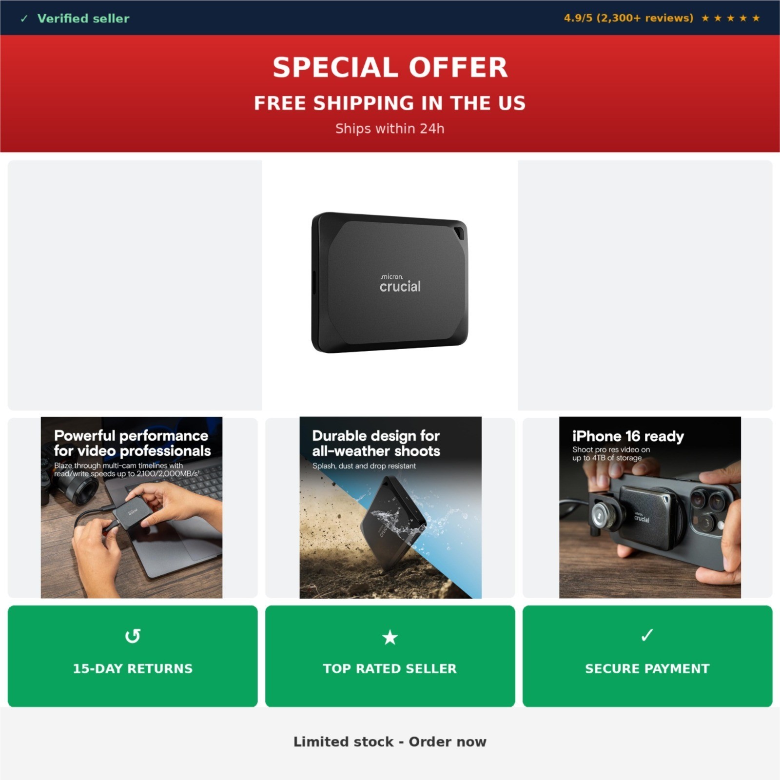 Crucial X10 Pro 1TB Portable External SSD USB-C 2100MB/s Black