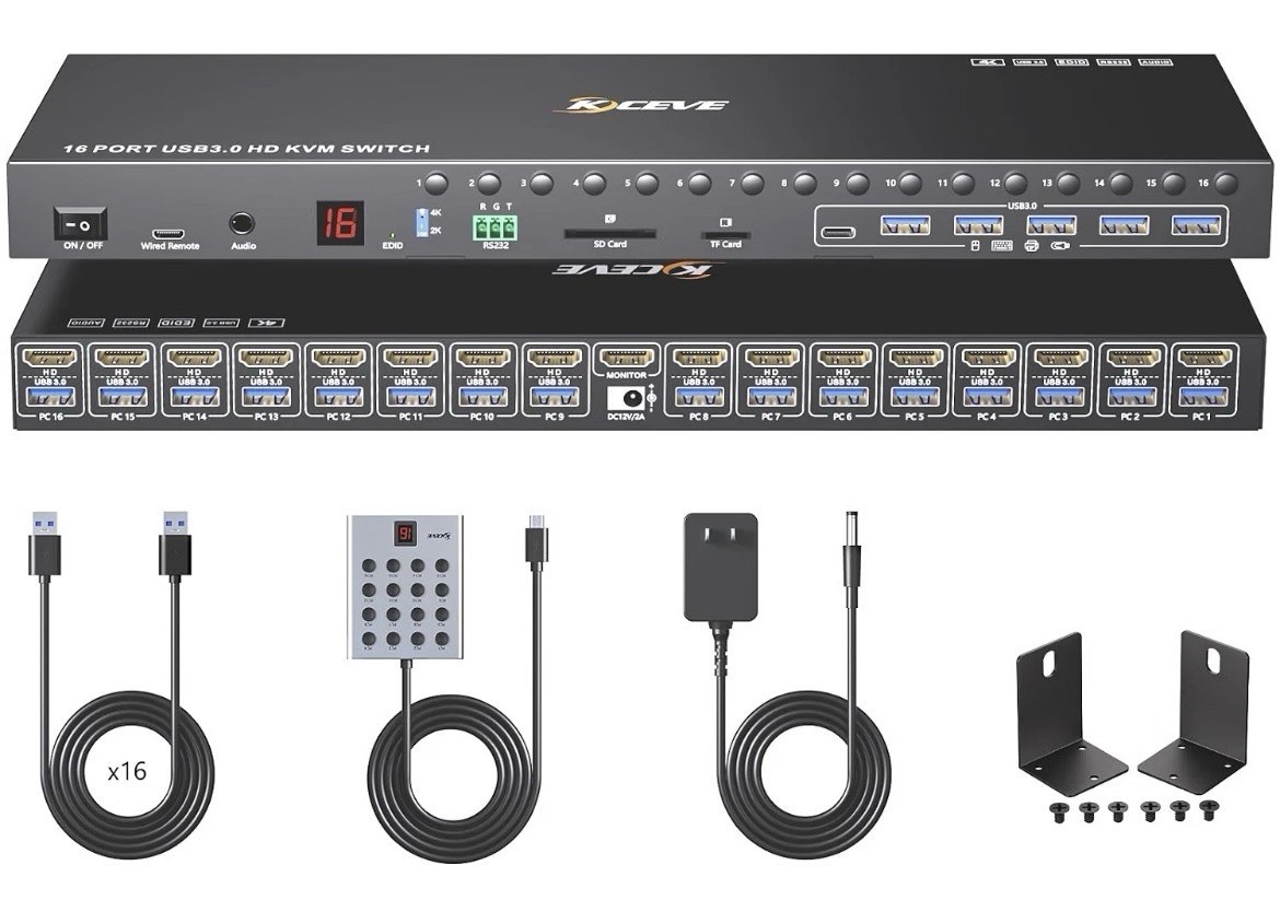 16 Ports KVM Switch HDMI 4K@60Hz EDID Simulation 1U Rack Mount
