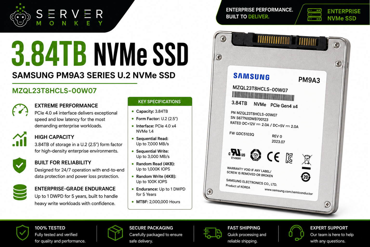 Samsung PM9A3 3.84TB PCIe Gen4 x4 NVMe U.2 2.5" SSD - MZ-QL23T80 / MZQL23T8HCLS