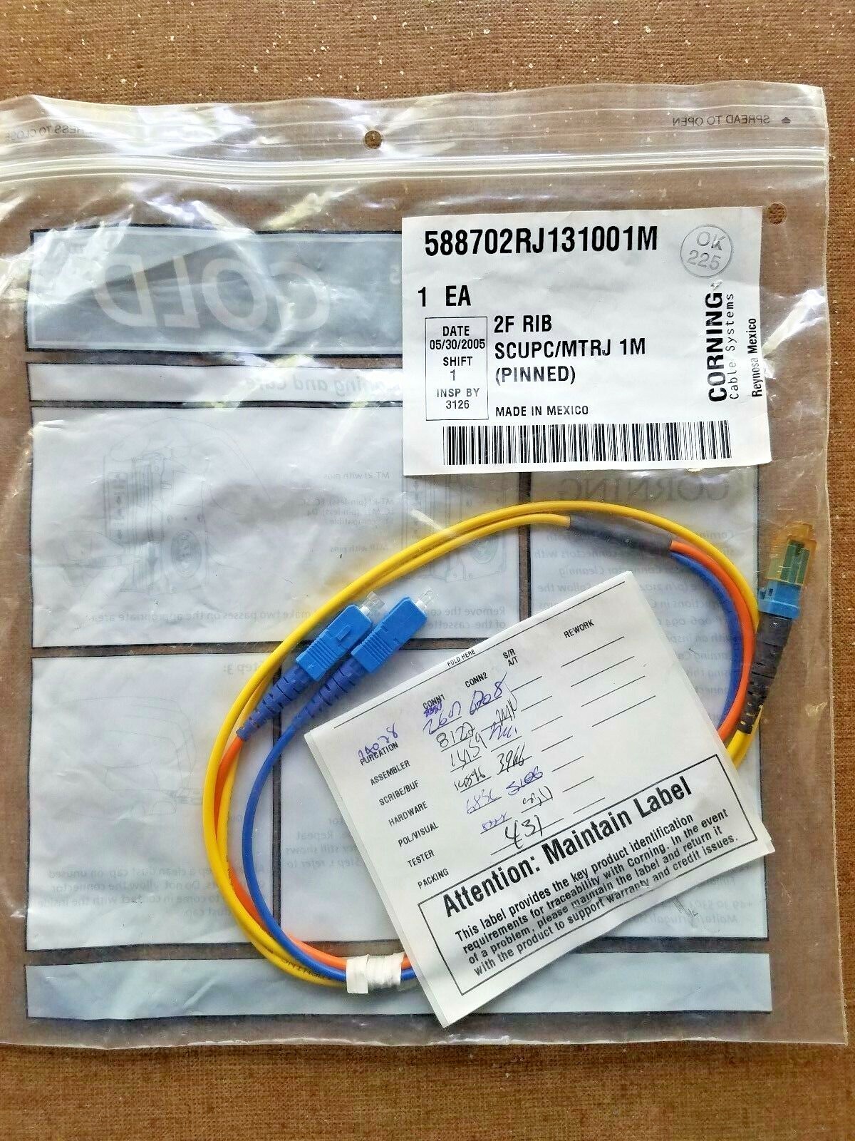 SC to MT-RJ Corning 588702RJ131001M Jumper Pinned SM and MM 1 Meter MTRJ