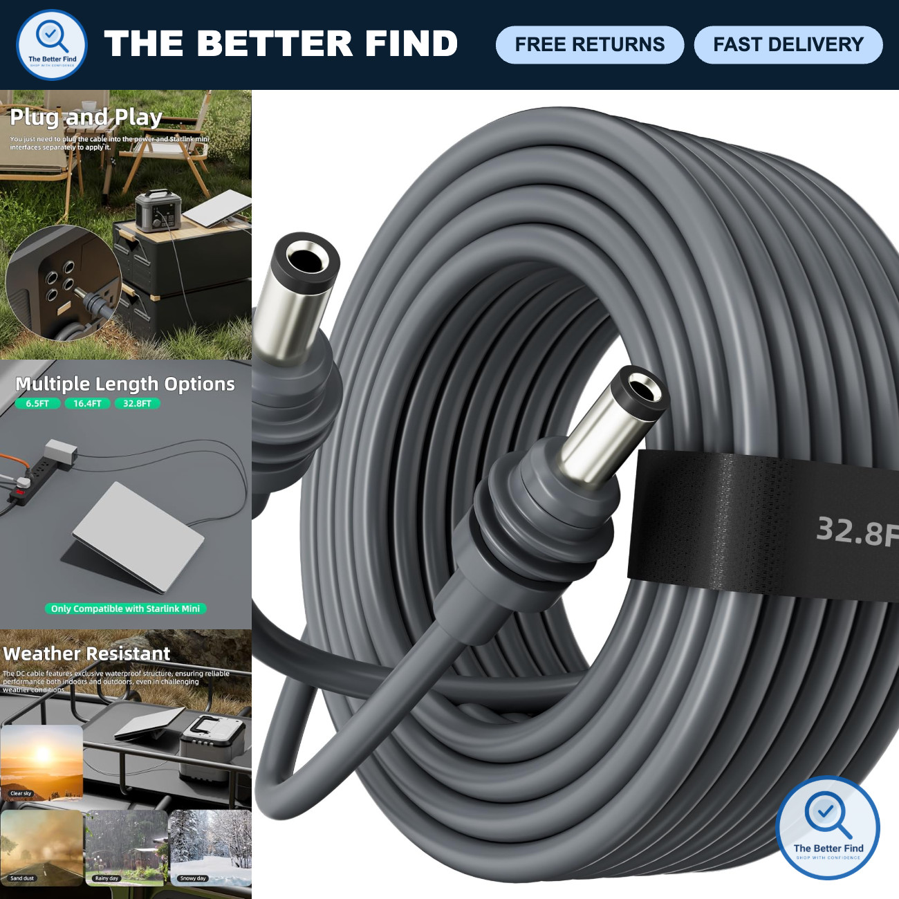 32.8FT DC Power Cable Replacement for Mini Satellite Dish, High-Quality, Durable