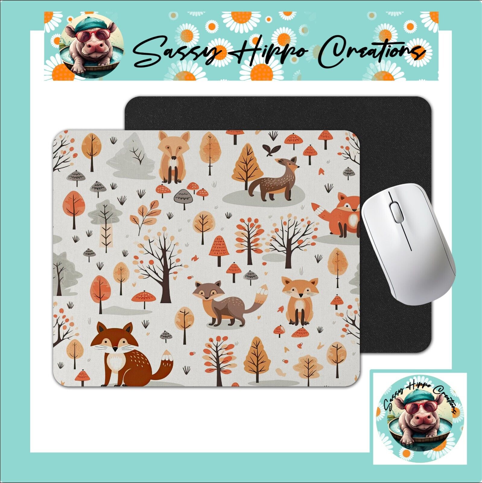 Mouse Pad Autumn Woodland Foxes Forest Wood Anti Slip Back Easy Clean Sublimated