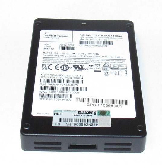 HPE SAMSUNG 1.92TB 2.5" Enterprise SAS SSD 12Gbps MZ-1LT1T90 512K format PM1643